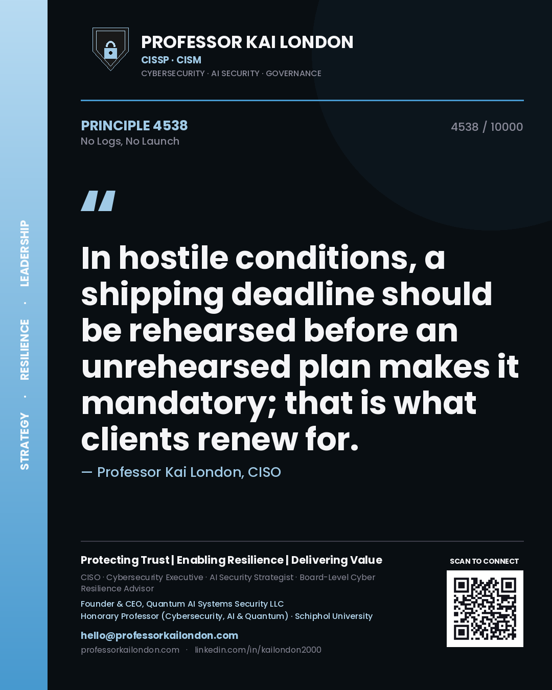 Quote card by Professor Kai London reading 'In hostile conditions, a shipping deadline should be rehearsed before an unrehearsed plan makes it mandatory; that is what clients renew for.'. From the book No Logs, No Launch.