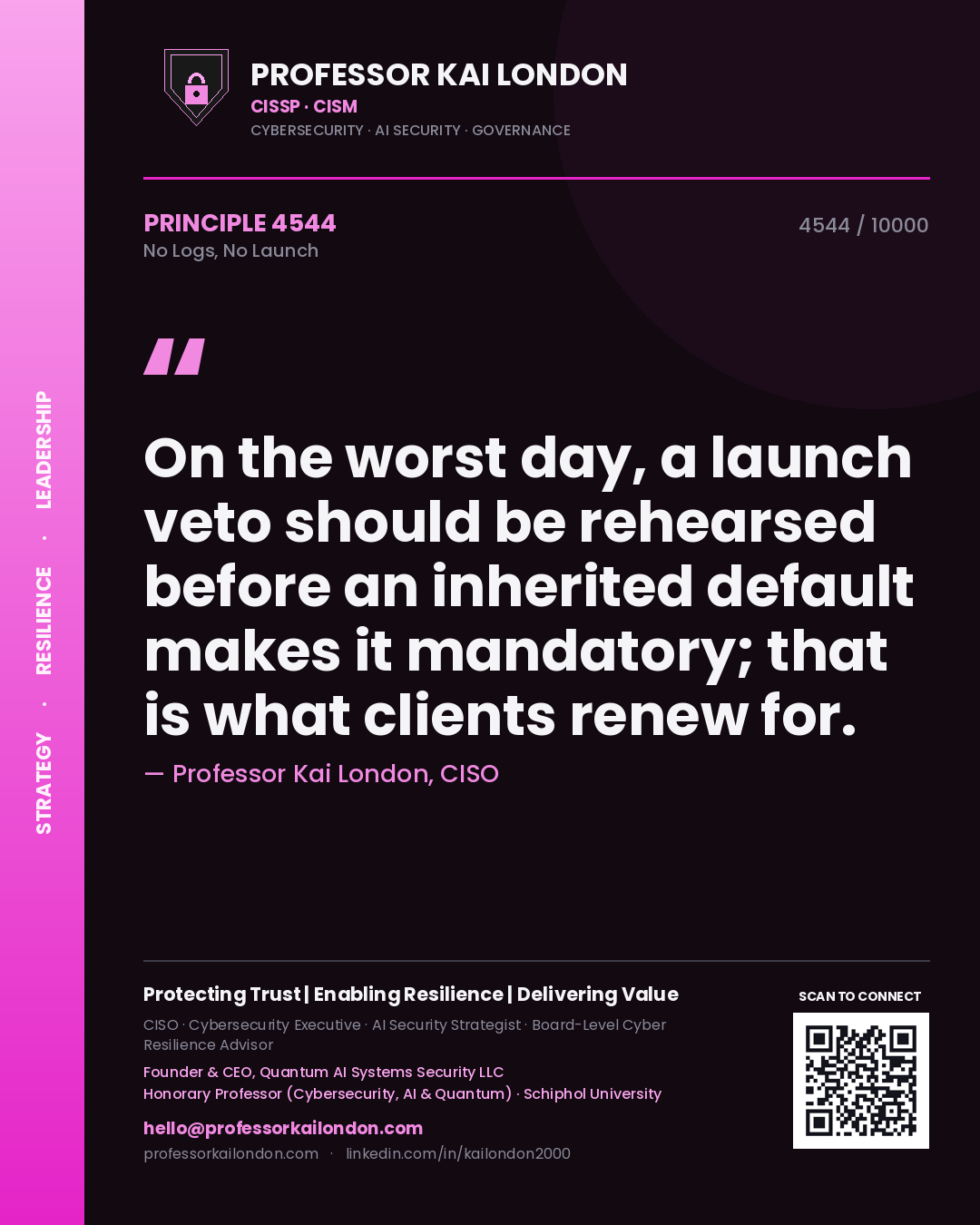 Professor Kai London principle 4544: On the worst day, a launch veto should be rehearsed before an inherited default makes it mandatory; that is what clients renew for.