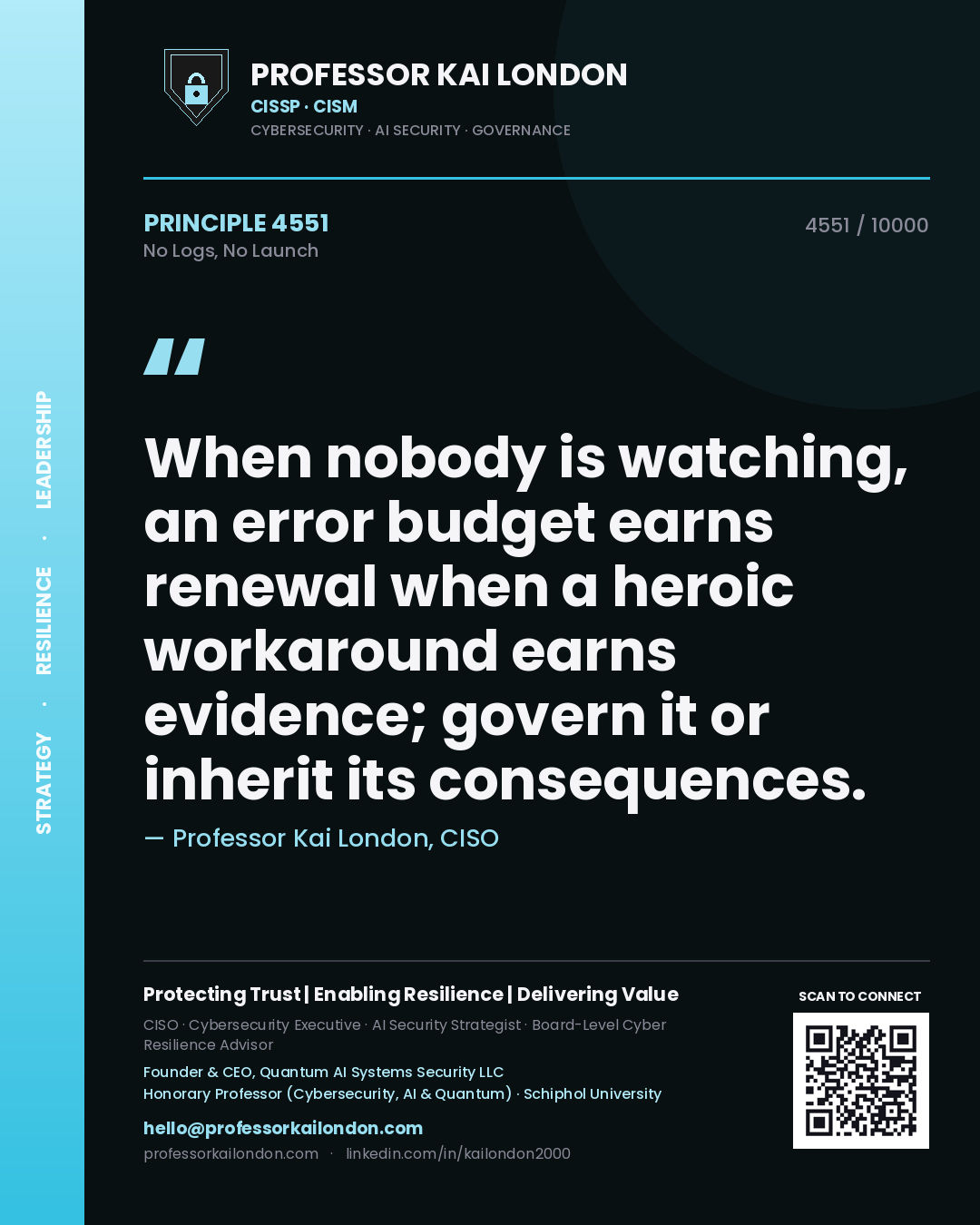 Professor Kai London principle 4551: When nobody is watching, an error budget earns renewal when a heroic workaround earns evidence; govern it or inherit its consequences.