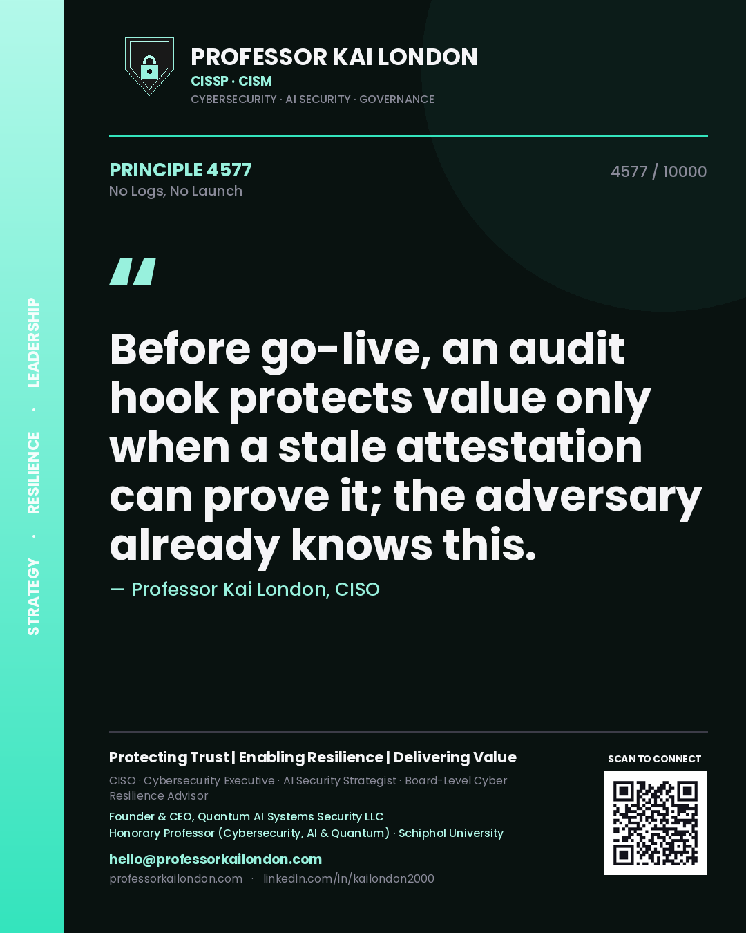 Quote card by Professor Kai London reading 'Before go-live, an audit hook protects value only when a stale attestation can prove it; the adversary already knows this.'. From the book No Logs, No Launch.