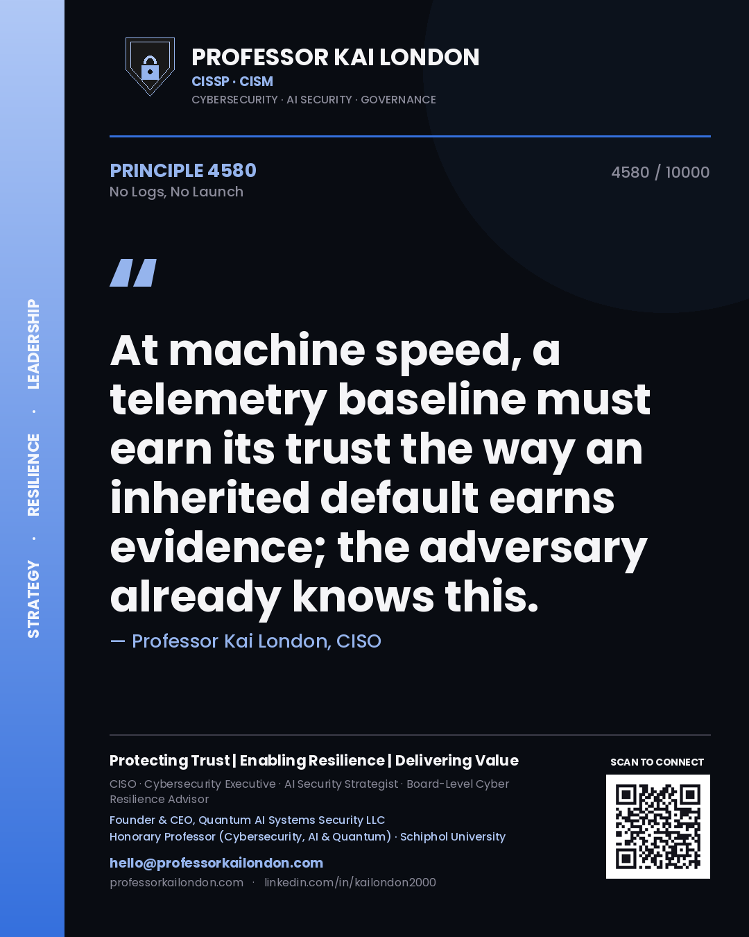 Professor Kai London principle 4580: At machine speed, a telemetry baseline must earn its trust the way an inherited default earns evidence; the adversary already knows this.