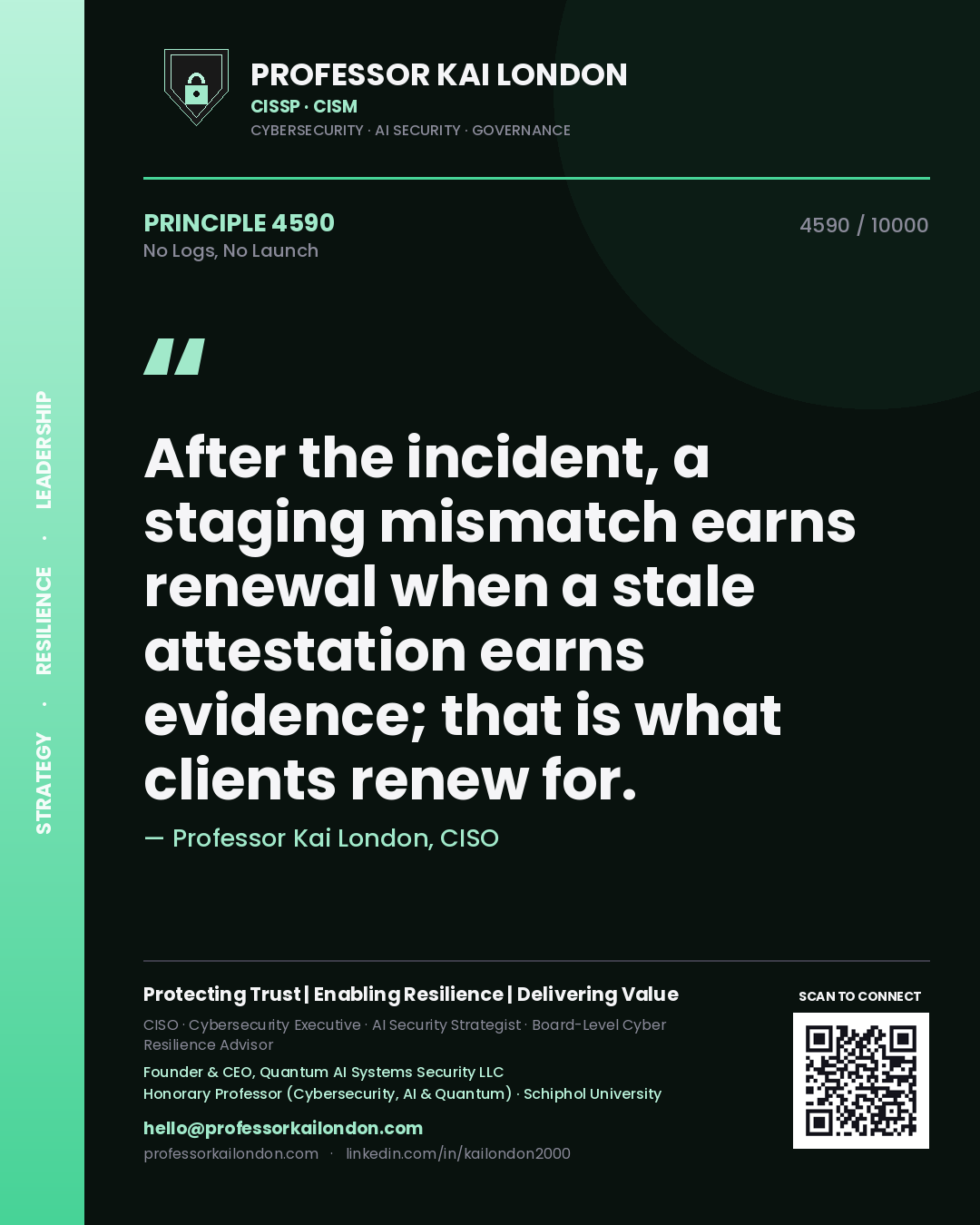 Quote card by Professor Kai London reading 'After the incident, a staging mismatch earns renewal when a stale attestation earns evidence; that is what clients renew for.'. From the book No Logs, No Launch.