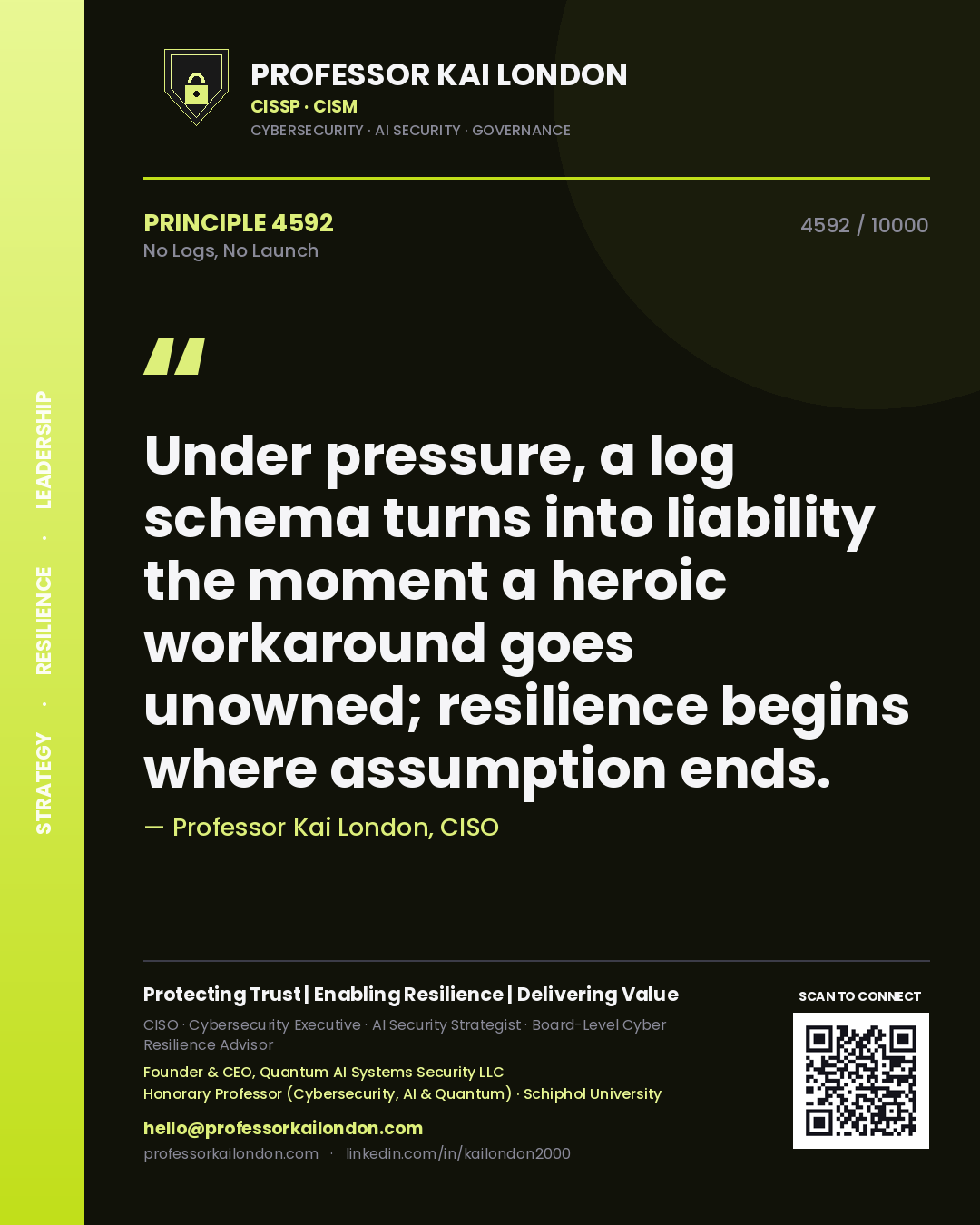 Quote card by Professor Kai London reading 'Under pressure, a log schema turns into liability the moment a heroic workaround goes unowned; resilience begins where assumption ends.'. From the book No Logs, No Launch.