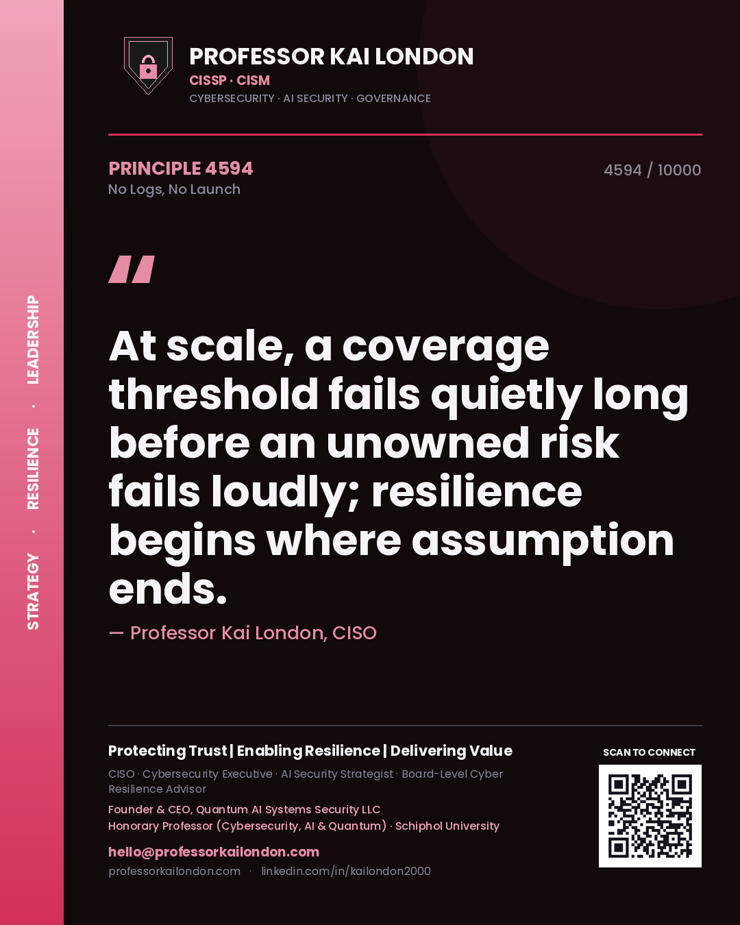 Professor Kai London principle 4594: At scale, a coverage threshold fails quietly long before an unowned risk fails loudly; resilience begins where assumption ends.
