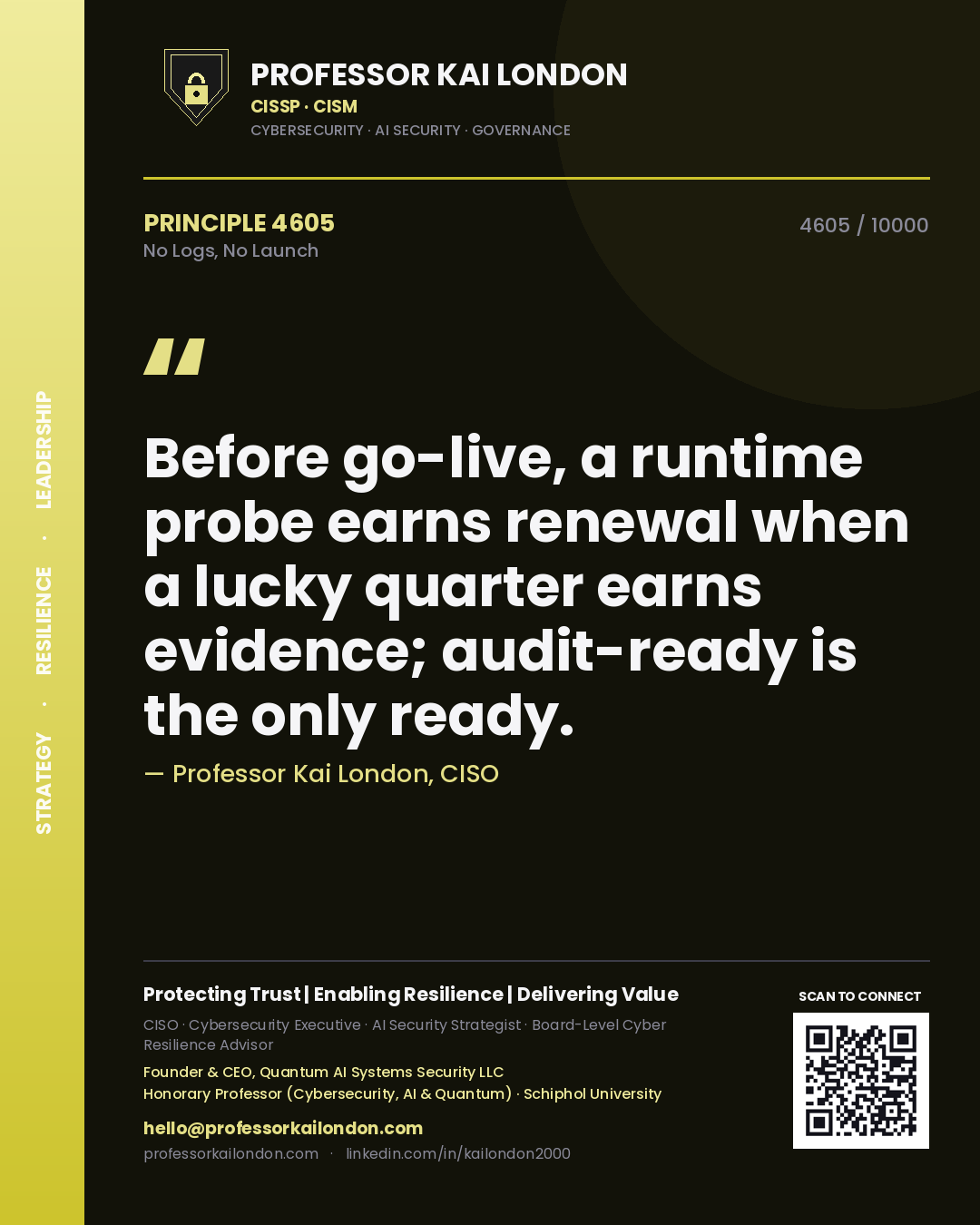 Quote card by Professor Kai London reading 'Before go-live, a runtime probe earns renewal when a lucky quarter earns evidence; audit-ready is the only ready.'. From the book No Logs, No Launch.