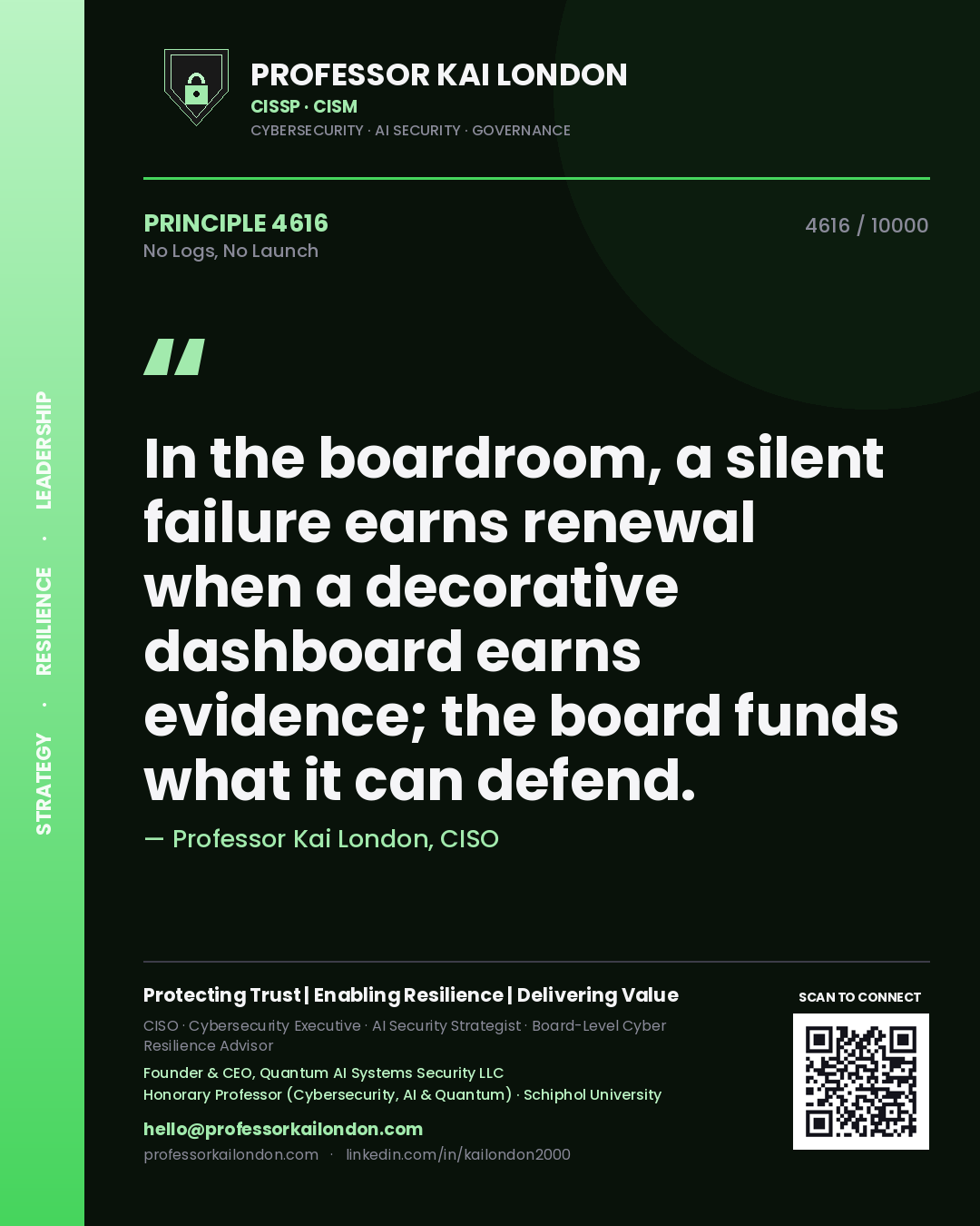 Quote card by Professor Kai London reading 'In the boardroom, a silent failure earns renewal when a decorative dashboard earns evidence; the board funds what it can defend.'. From the book No Logs, No Launch.