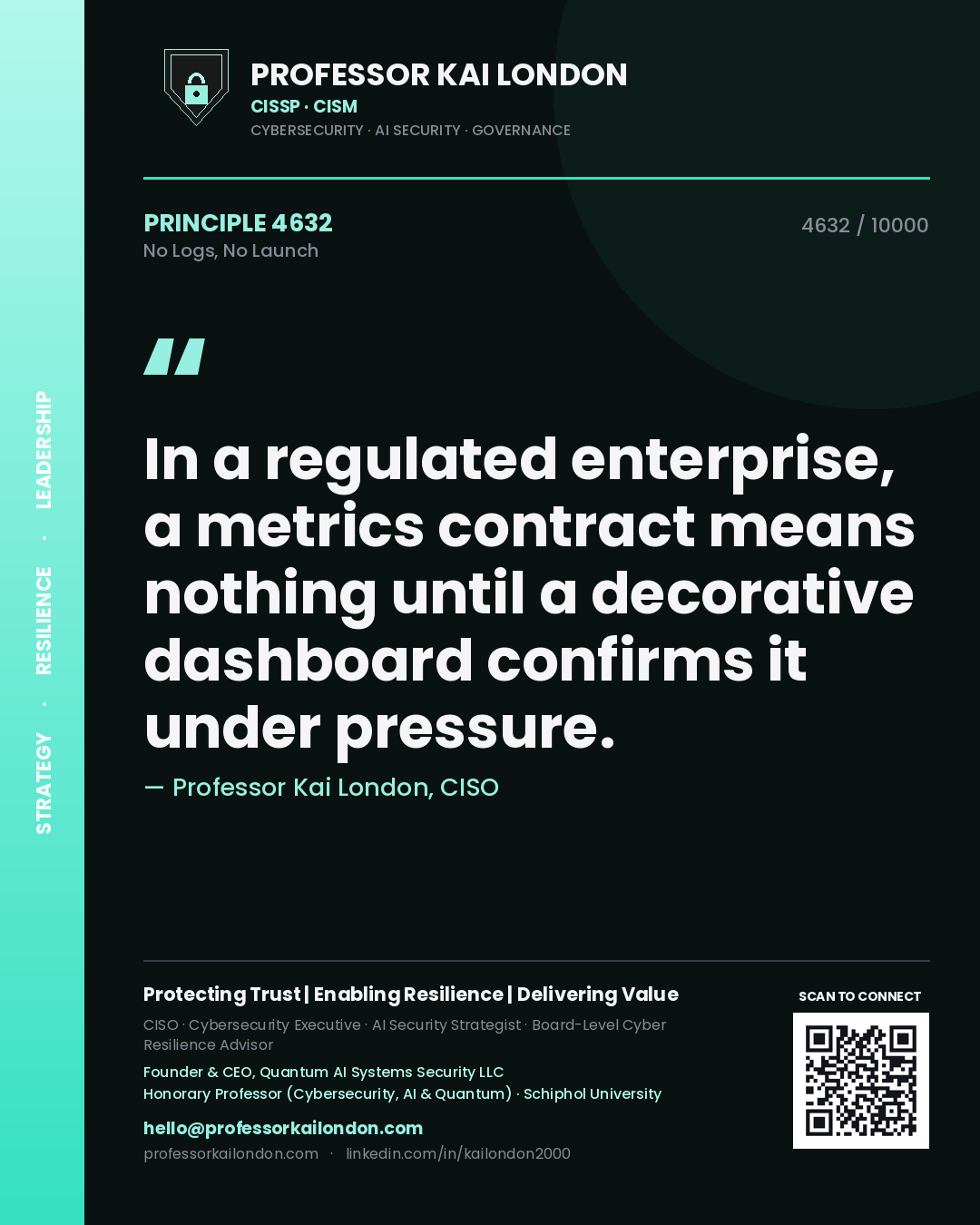 Quote card by Professor Kai London reading 'In a regulated enterprise, a metrics contract means nothing until a decorative dashboard confirms it under pressure.'. From the book No Logs, No Launch.