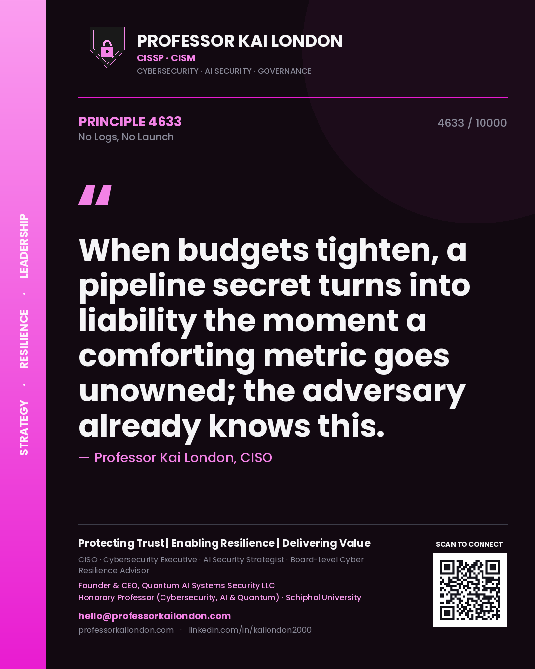 Quote card by Professor Kai London reading 'When budgets tighten, a pipeline secret turns into liability the moment a comforting metric goes unowned; the adversary already knows this.'. From the book No Logs, No Launch.