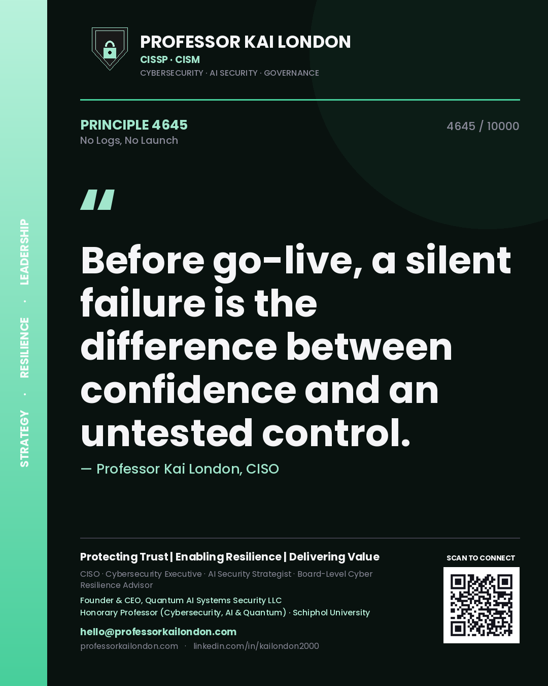 Quote card by Professor Kai London reading 'Before go-live, a silent failure is the difference between confidence and an untested control.'. From the book No Logs, No Launch.