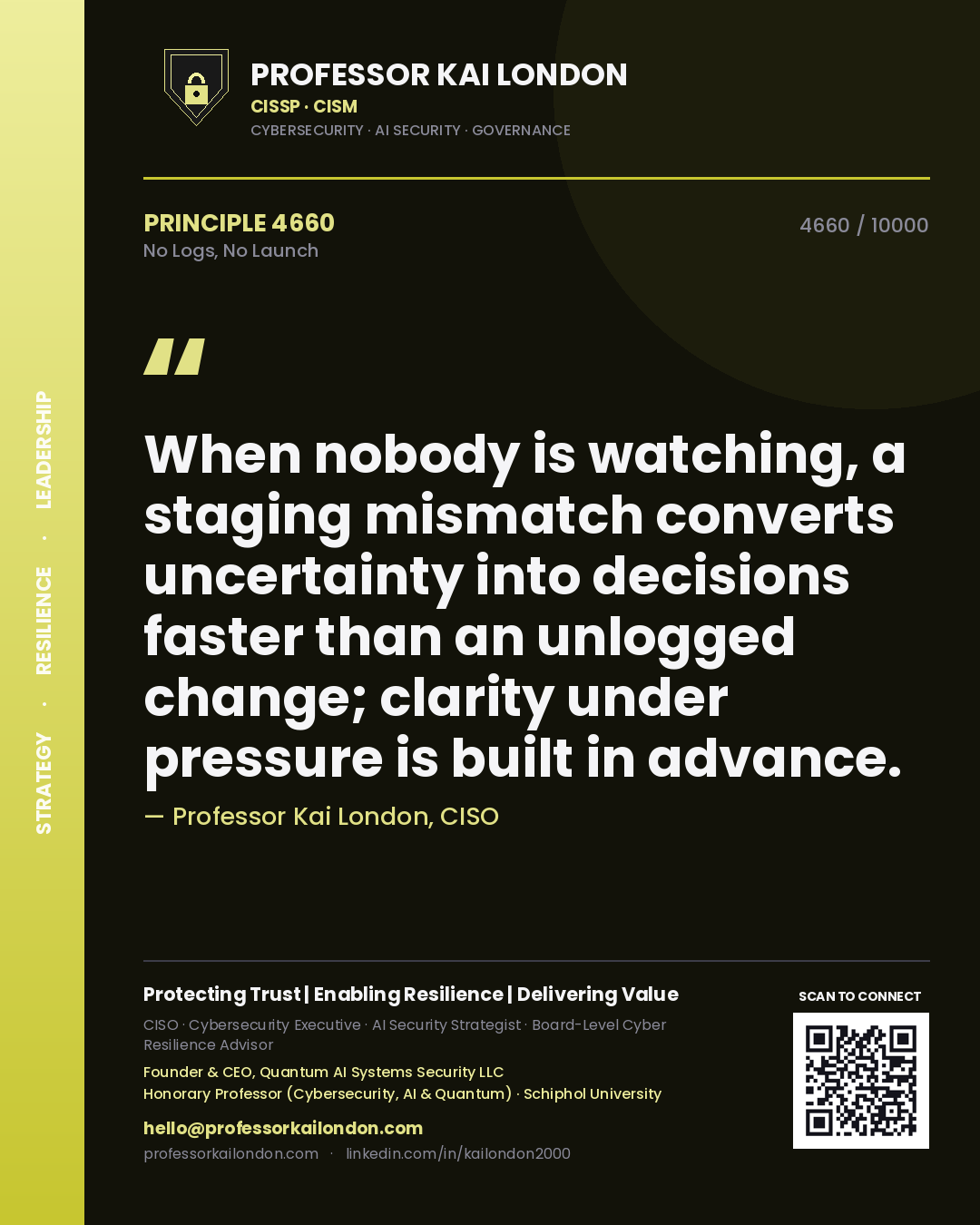 Professor Kai London principle 4660: When nobody is watching, a staging mismatch converts uncertainty into decisions faster than an unlogged change; clarity under pressure is built in advance.