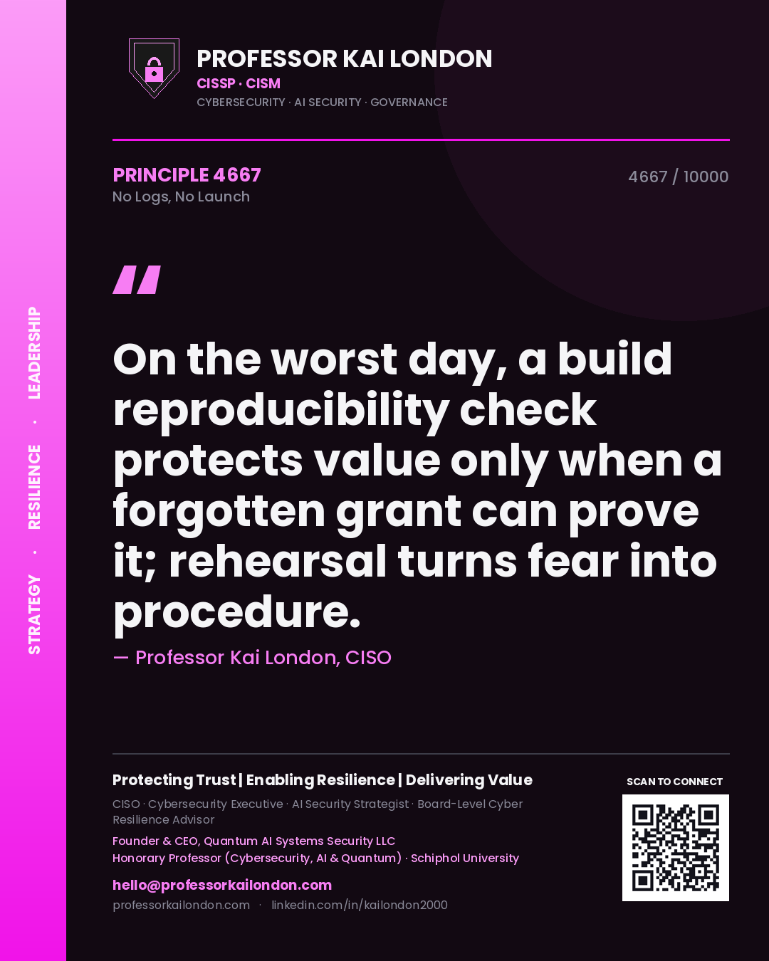 Professor Kai London principle 4667: On the worst day, a build reproducibility check protects value only when a forgotten grant can prove it; rehearsal turns fear into procedure.