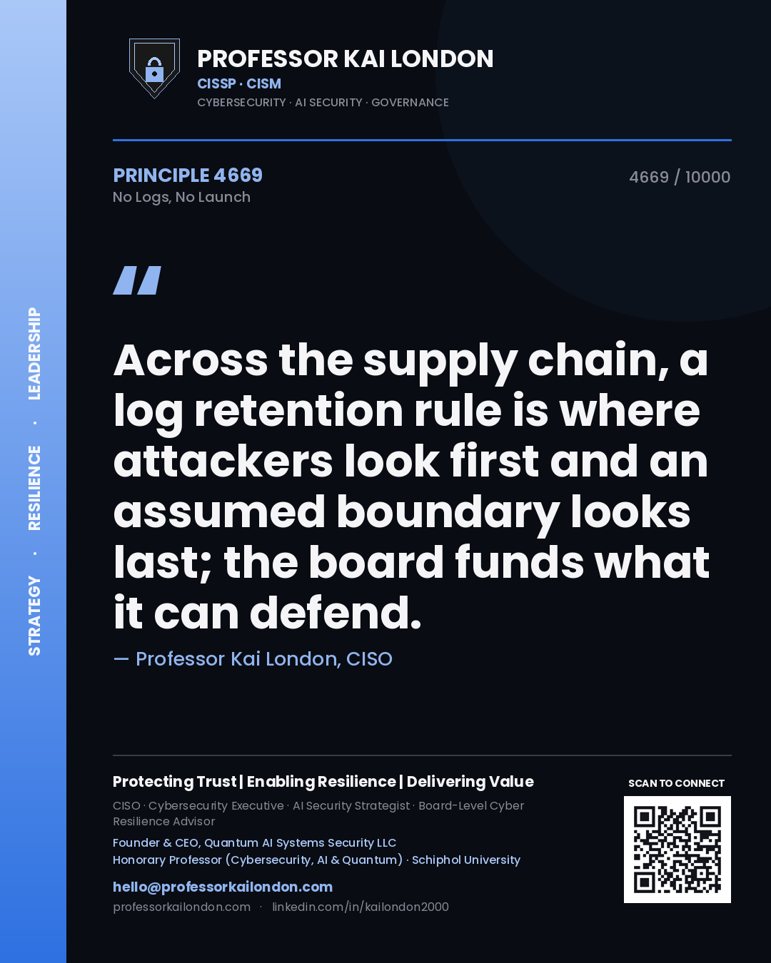 Professor Kai London principle 4669: Across the supply chain, a log retention rule is where attackers look first and an assumed boundary looks last; the board funds what it can defend.