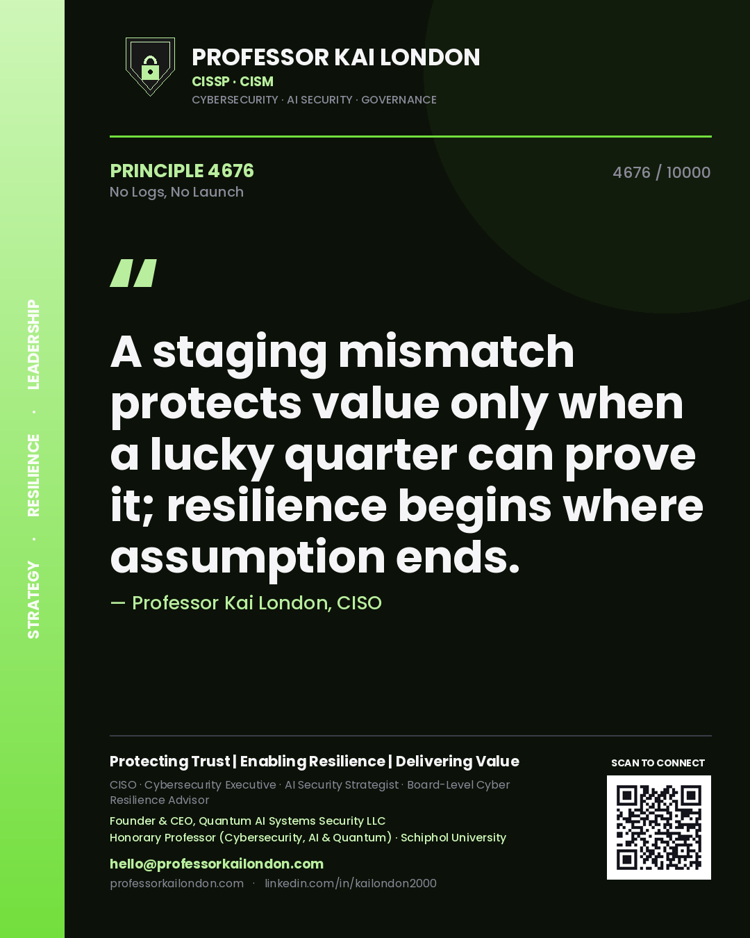 Quote card by Professor Kai London reading 'A staging mismatch protects value only when a lucky quarter can prove it; resilience begins where assumption ends.'. From the book No Logs, No Launch.