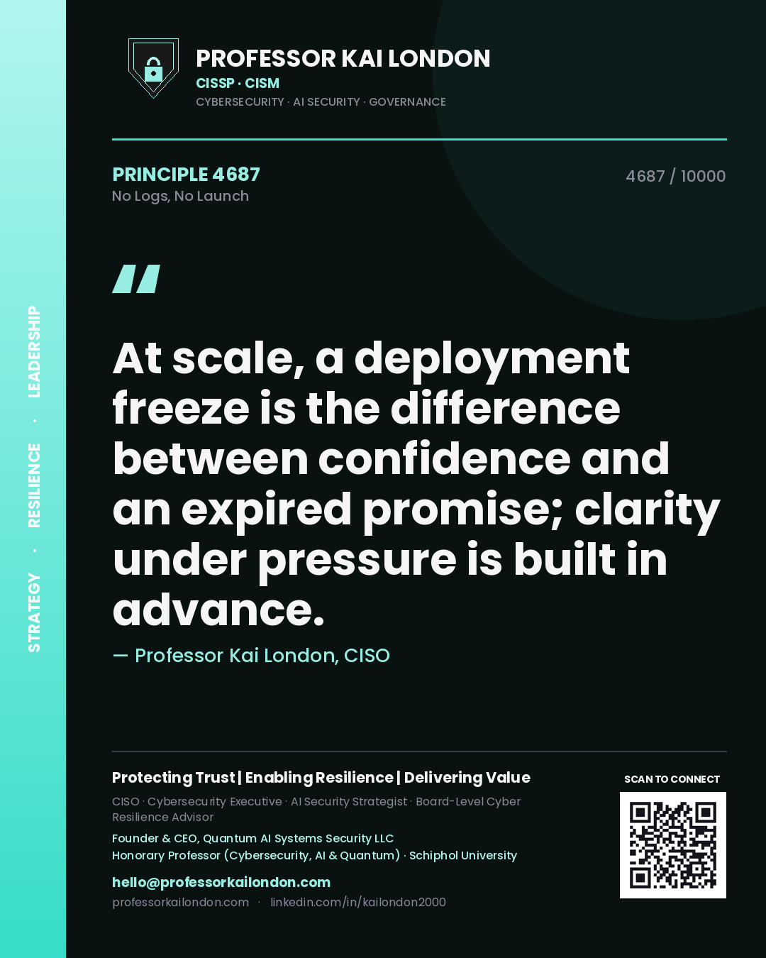 Professor Kai London principle 4687: At scale, a deployment freeze is the difference between confidence and an expired promise; clarity under pressure is built in advance.