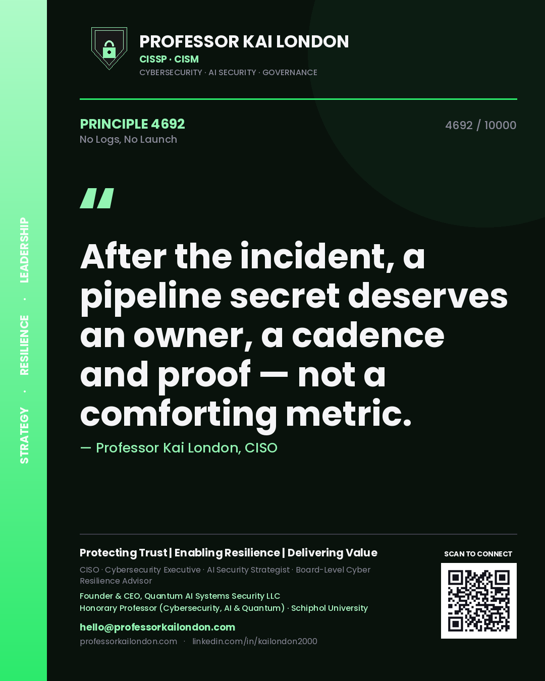 Quote card by Professor Kai London reading 'After the incident, a pipeline secret deserves an owner, a cadence and proof — not a comforting metric.'. From the book No Logs, No Launch.