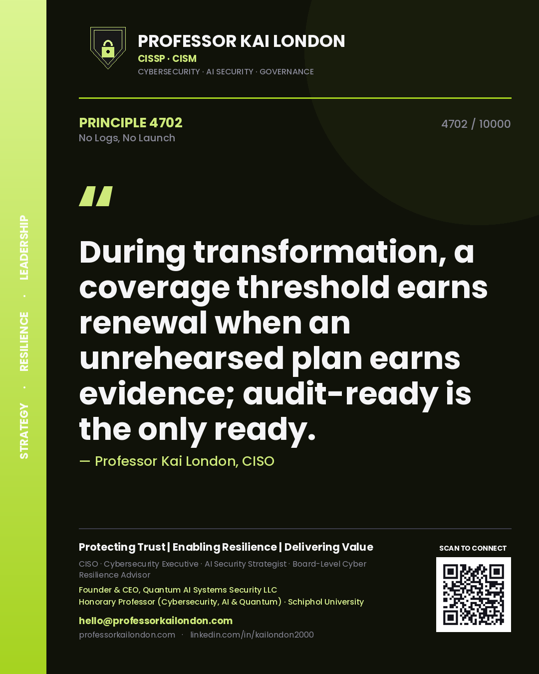 Quote card by Professor Kai London reading 'During transformation, a coverage threshold earns renewal when an unrehearsed plan earns evidence; audit-ready is the only ready.'. From the book No Logs, No Launch.