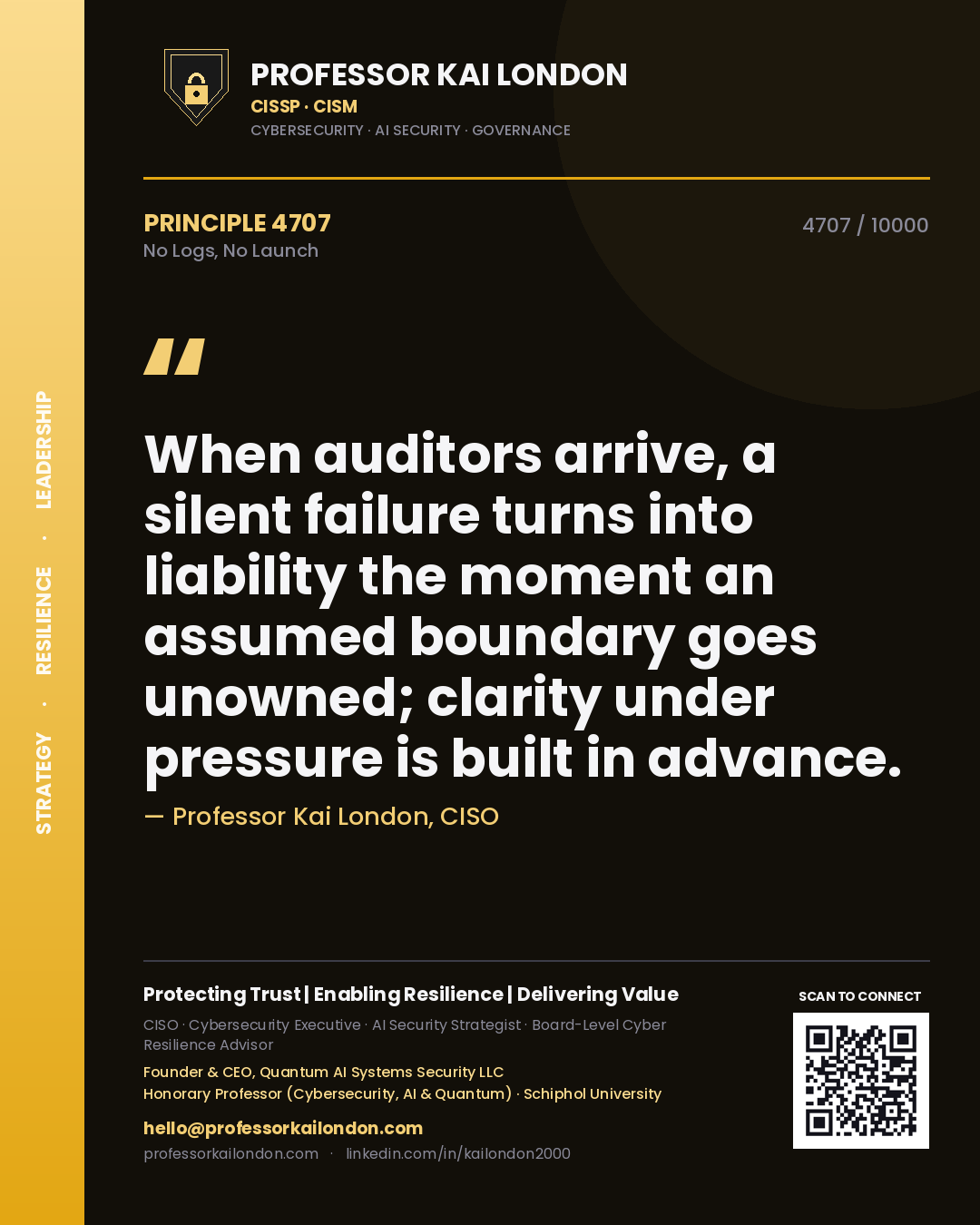 Professor Kai London principle 4707: When auditors arrive, a silent failure turns into liability the moment an assumed boundary goes unowned; clarity under pressure is built in advance.