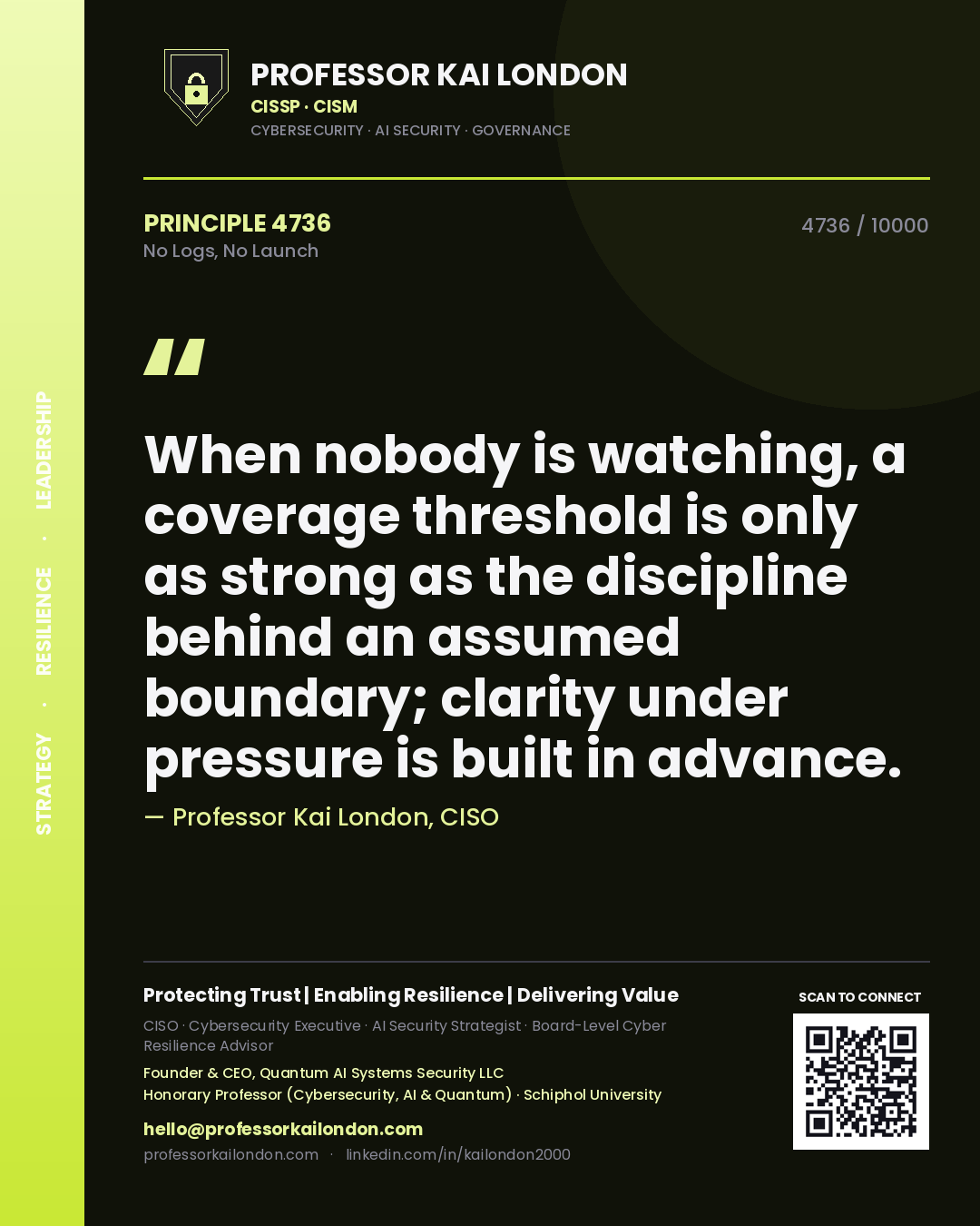 Professor Kai London principle 4736: When nobody is watching, a coverage threshold is only as strong as the discipline behind an assumed boundary; clarity under pressure is built in advance.