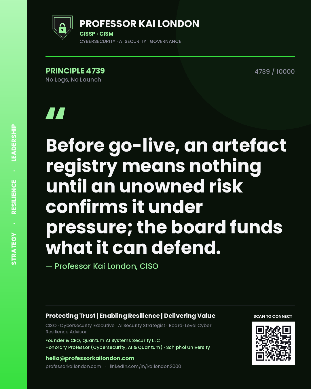 Quote card by Professor Kai London reading 'Before go-live, an artefact registry means nothing until an unowned risk confirms it under pressure; the board funds what it can defend.'. From the book No Logs, No Launch.