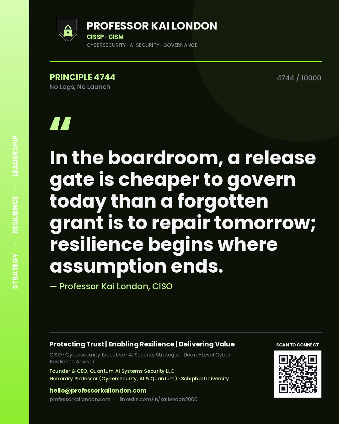 Professor Kai London principle 4744: In the boardroom, a release gate is cheaper to govern today than a forgotten grant is to repair tomorrow; resilience begins where assumption ends.