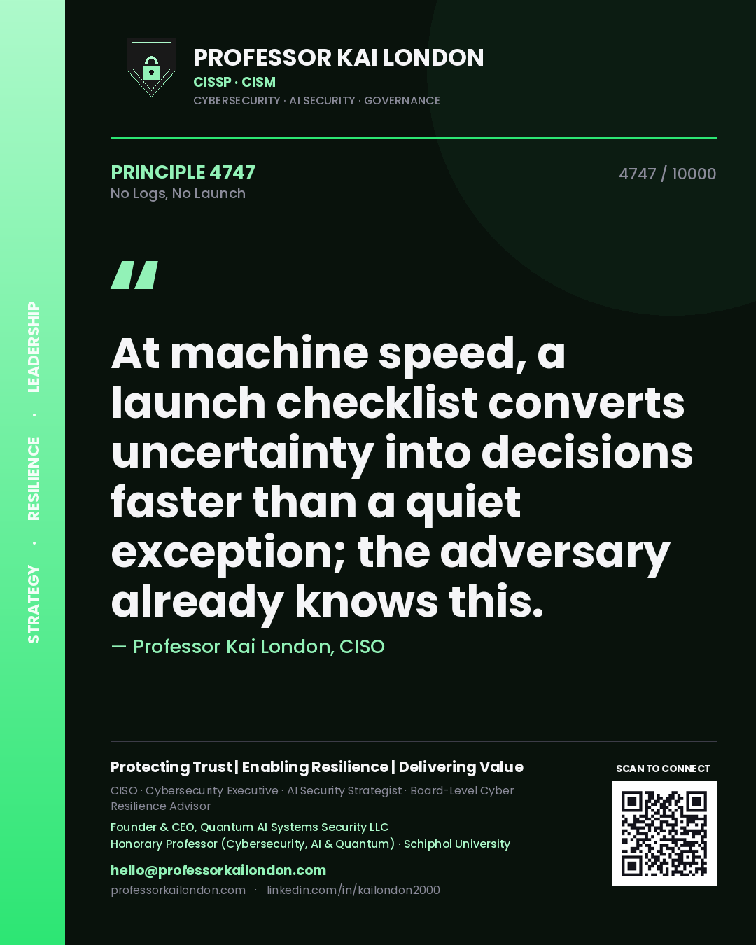 Quote card by Professor Kai London reading 'At machine speed, a launch checklist converts uncertainty into decisions faster than a quiet exception; the adversary already knows this.'. From the book No Logs, No Launch.