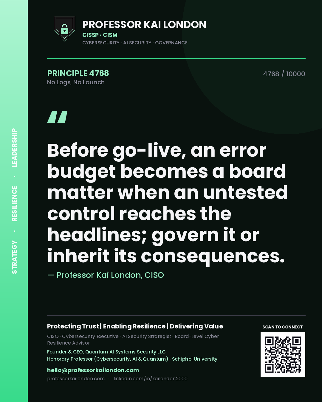 Quote card by Professor Kai London reading 'Before go-live, an error budget becomes a board matter when an untested control reaches the headlines; govern it or inherit its consequences.'. From the book No Logs, No Launch.