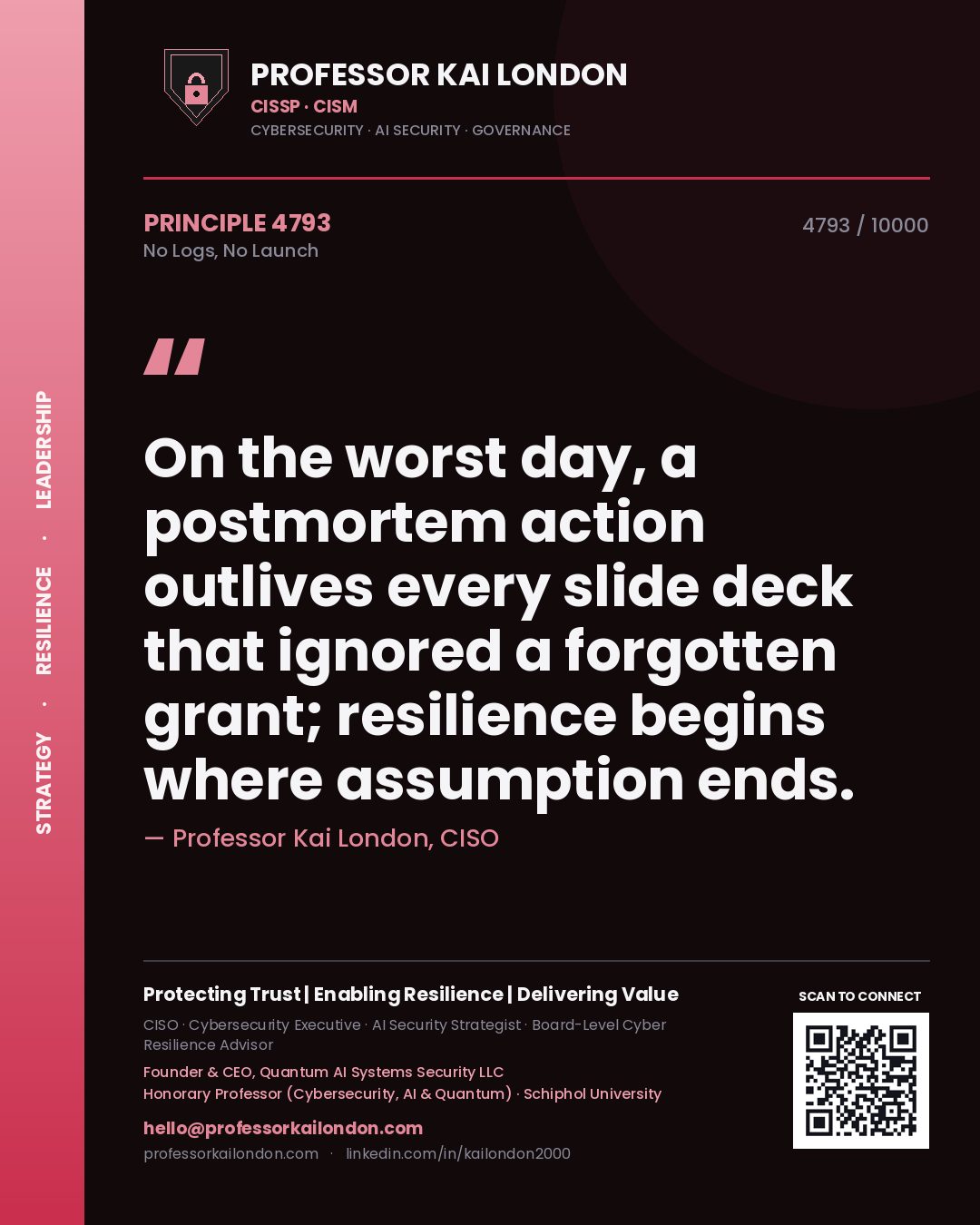 Professor Kai London principle 4793: On the worst day, a postmortem action outlives every slide deck that ignored a forgotten grant; resilience begins where assumption ends.