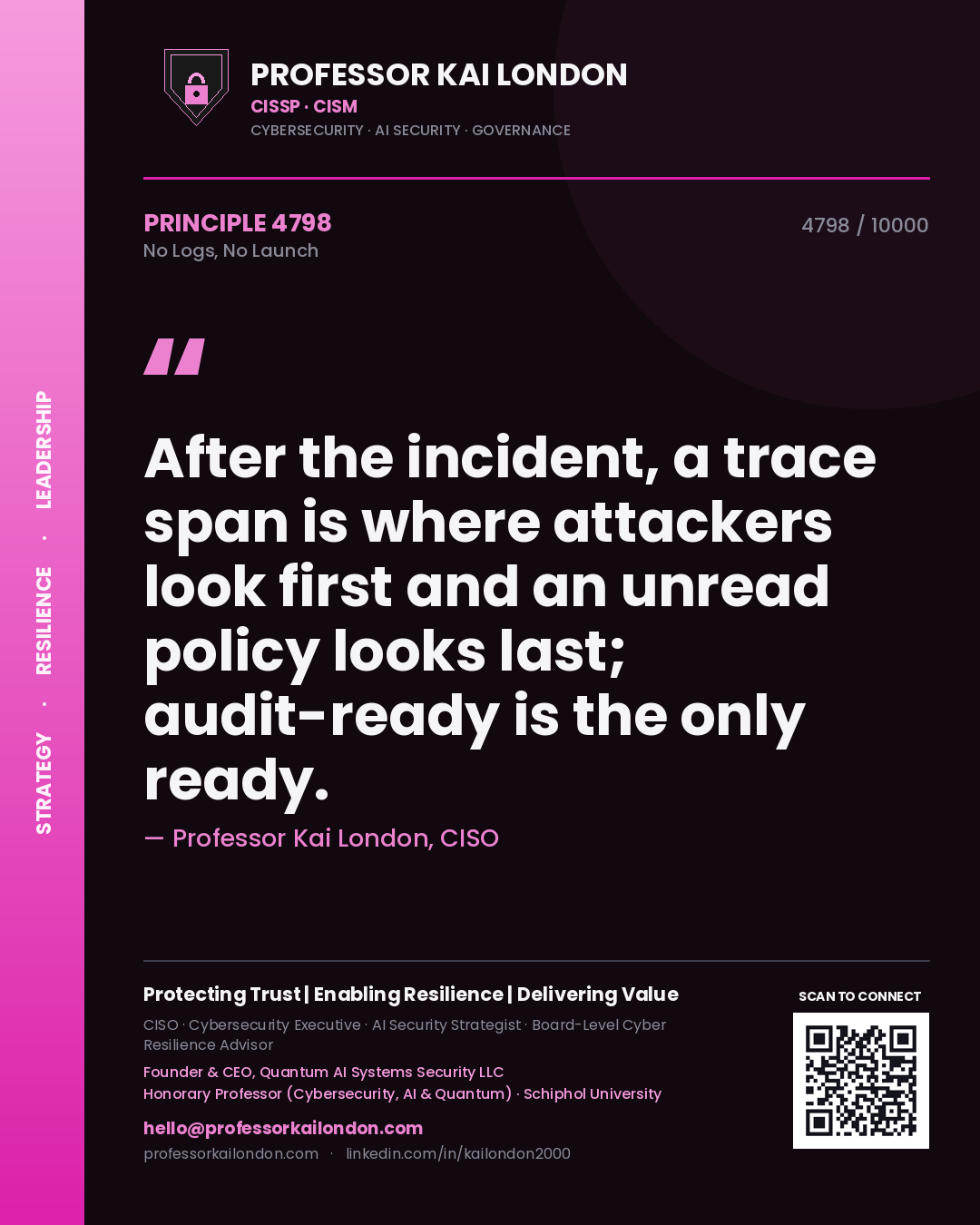 Quote card by Professor Kai London reading 'After the incident, a trace span is where attackers look first and an unread policy looks last; audit-ready is the only ready.'. From the book No Logs, No Launch.