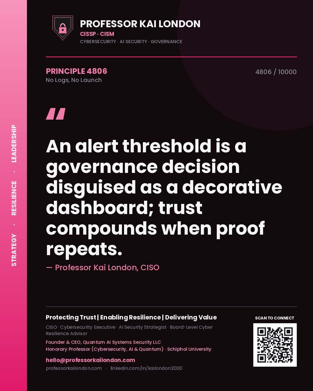 Professor Kai London principle 4806: An alert threshold is a governance decision disguised as a decorative dashboard; trust compounds when proof repeats.