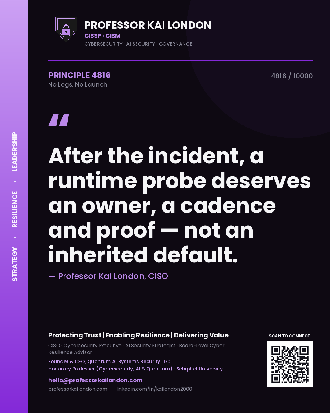 Quote card by Professor Kai London reading 'After the incident, a runtime probe deserves an owner, a cadence and proof — not an inherited default.'. From the book No Logs, No Launch.