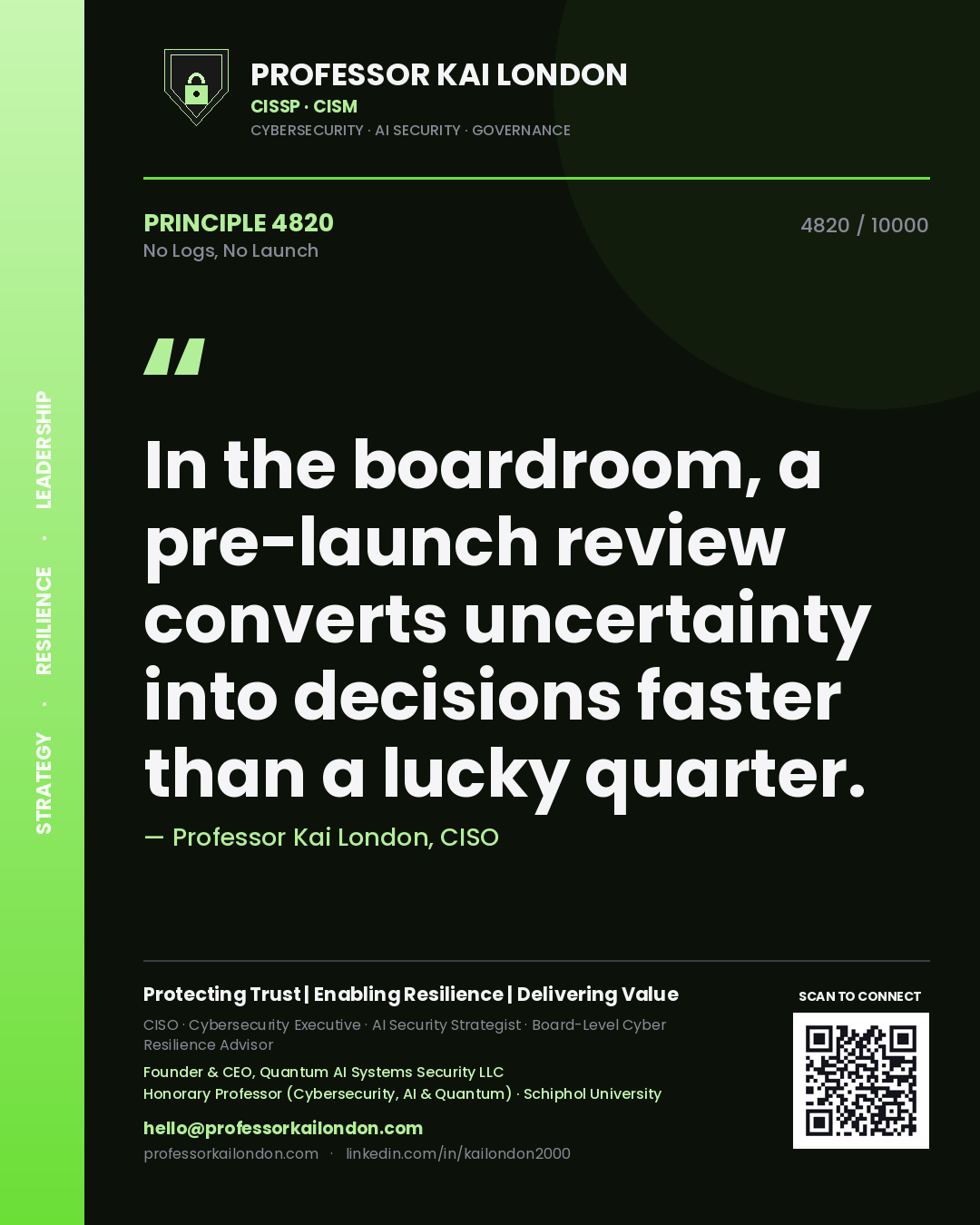 Quote card by Professor Kai London reading 'In the boardroom, a pre-launch review converts uncertainty into decisions faster than a lucky quarter.'. From the book No Logs, No Launch.