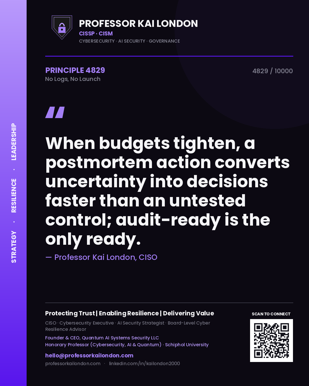 Professor Kai London principle 4829: When budgets tighten, a postmortem action converts uncertainty into decisions faster than an untested control; audit-ready is the only ready.