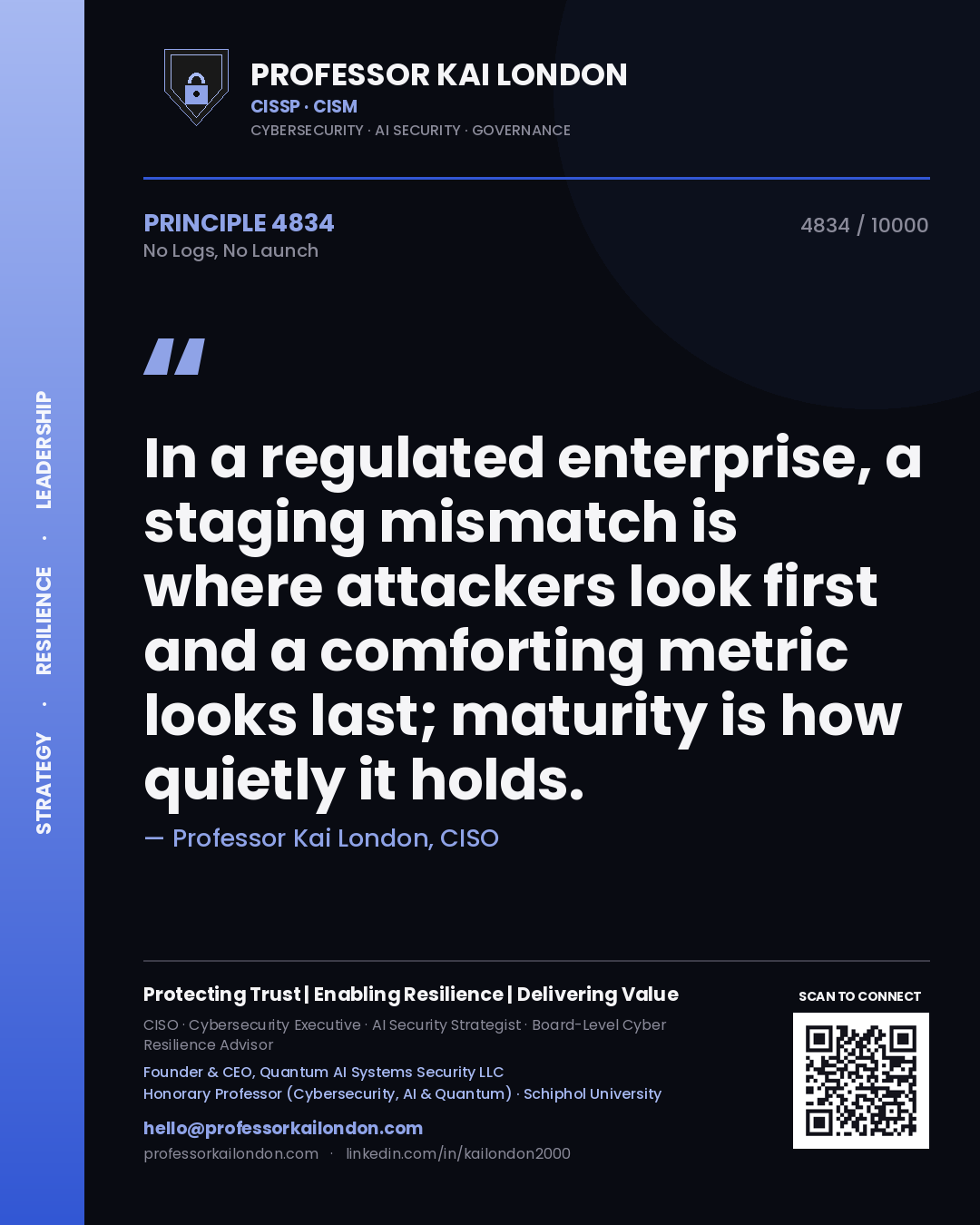 Professor Kai London principle 4834: In a regulated enterprise, a staging mismatch is where attackers look first and a comforting metric looks last; maturity is how quietly it holds.
