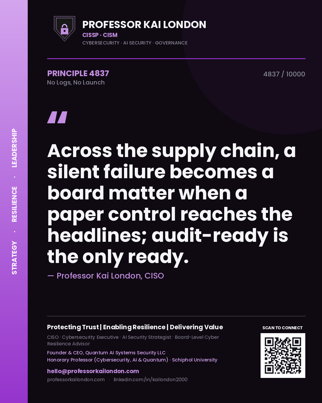 Quote card by Professor Kai London reading 'Across the supply chain, a silent failure becomes a board matter when a paper control reaches the headlines; audit-ready is the only ready.'. From the book No Logs, No Launch.
