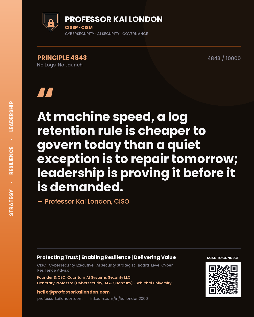 Professor Kai London principle 4843: At machine speed, a log retention rule is cheaper to govern today than a quiet exception is to repair tomorrow; leadership is proving it before it is demanded.