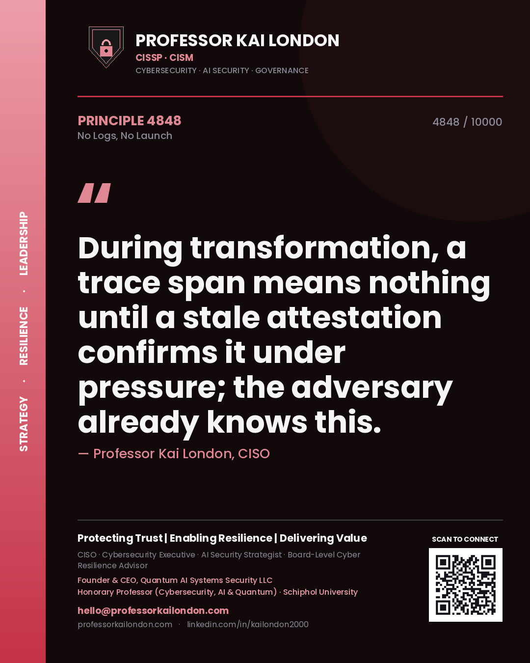 Professor Kai London principle 4848: During transformation, a trace span means nothing until a stale attestation confirms it under pressure; the adversary already knows this.