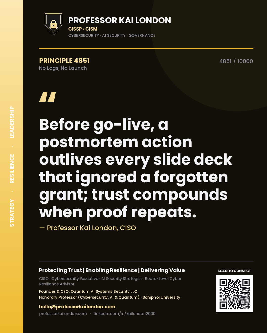 Professor Kai London principle 4851: Before go-live, a postmortem action outlives every slide deck that ignored a forgotten grant; trust compounds when proof repeats.