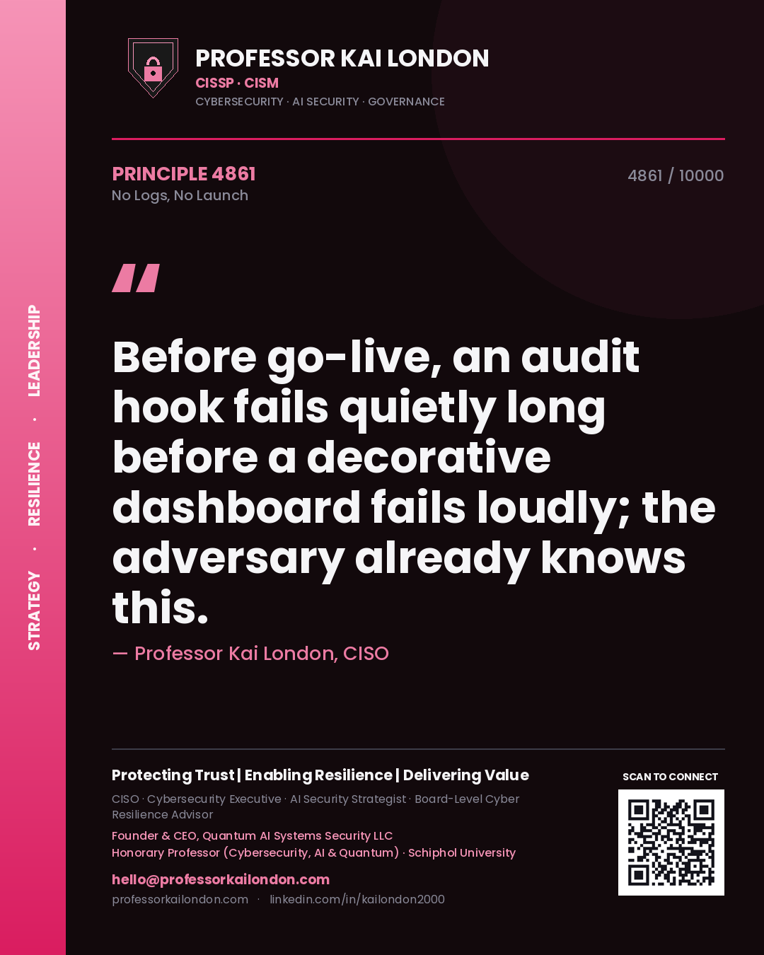 Professor Kai London principle 4861: Before go-live, an audit hook fails quietly long before a decorative dashboard fails loudly; the adversary already knows this.