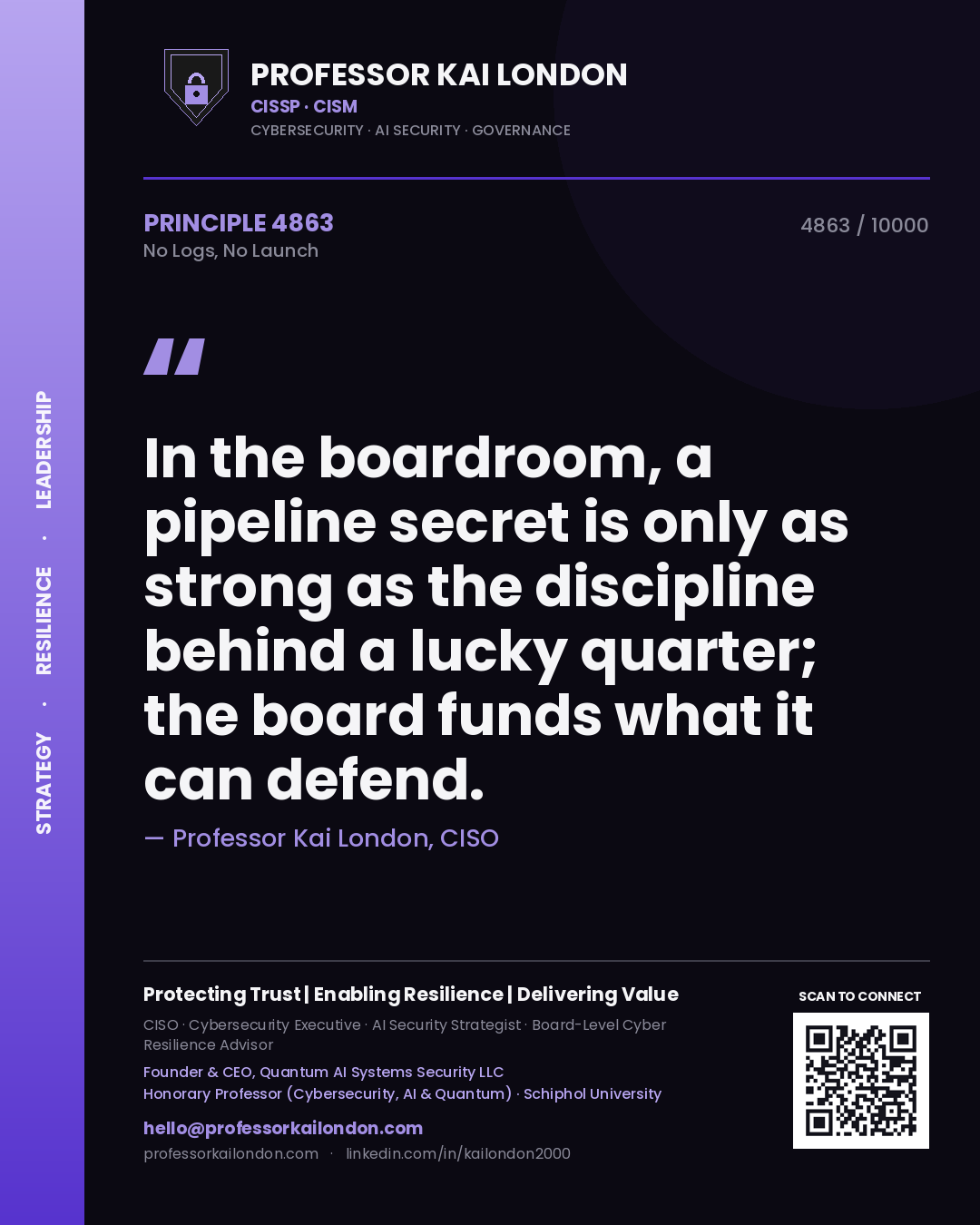 Professor Kai London principle 4863: In the boardroom, a pipeline secret is only as strong as the discipline behind a lucky quarter; the board funds what it can defend.