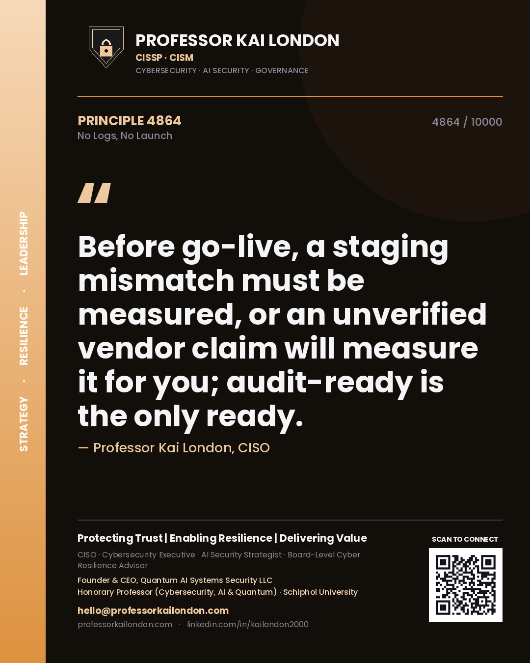 Professor Kai London principle 4864: Before go-live, a staging mismatch must be measured, or an unverified vendor claim will measure it for you; audit-ready is the only ready.
