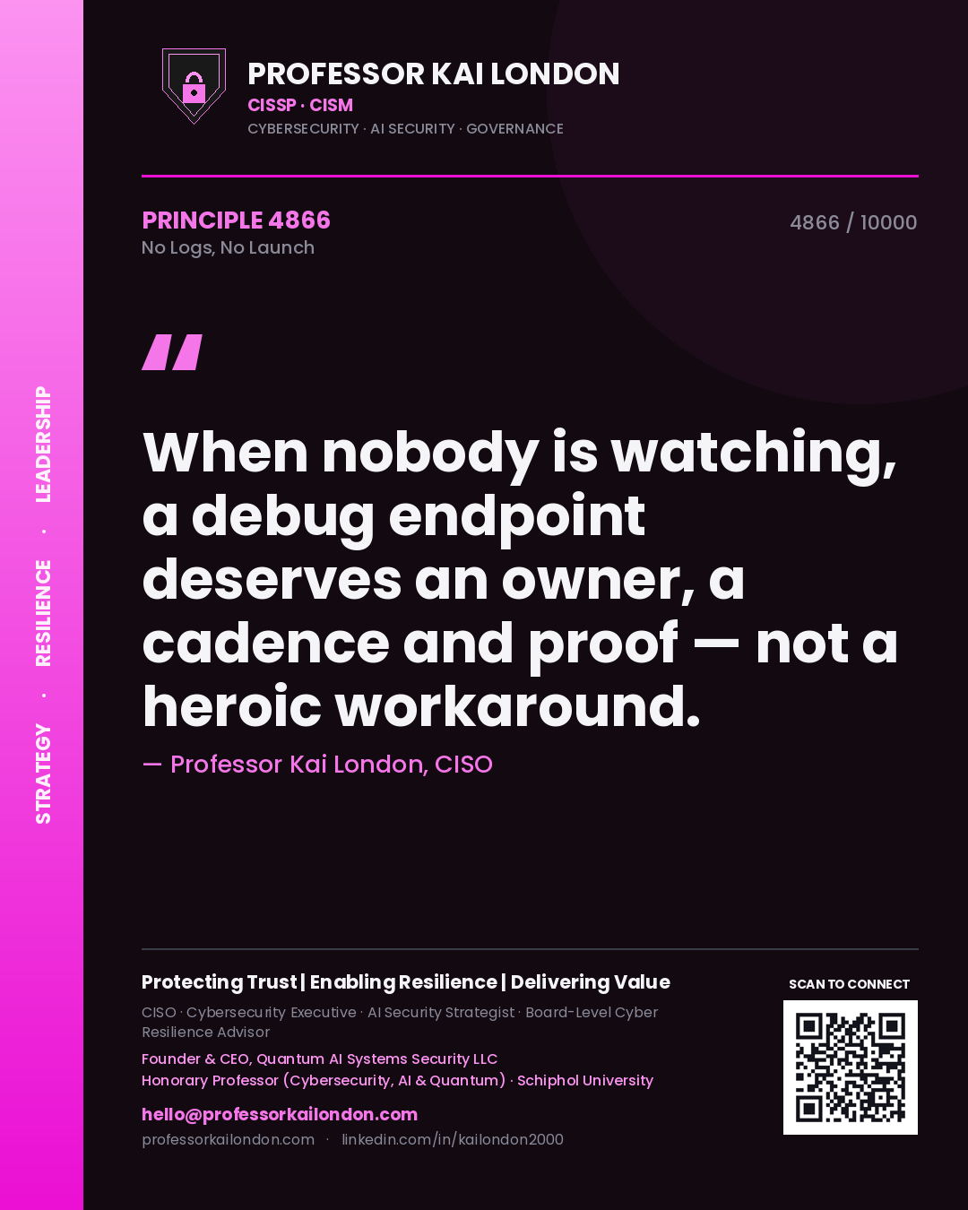 Quote card by Professor Kai London reading 'When nobody is watching, a debug endpoint deserves an owner, a cadence and proof — not a heroic workaround.'. From the book No Logs, No Launch.