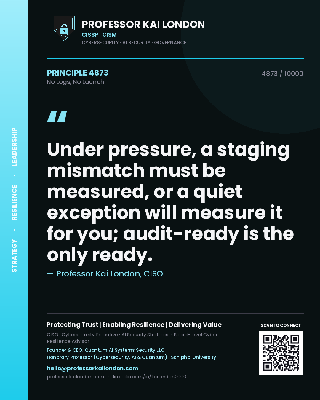 Quote card by Professor Kai London reading 'Under pressure, a staging mismatch must be measured, or a quiet exception will measure it for you; audit-ready is the only ready.'. From the book No Logs, No Launch.