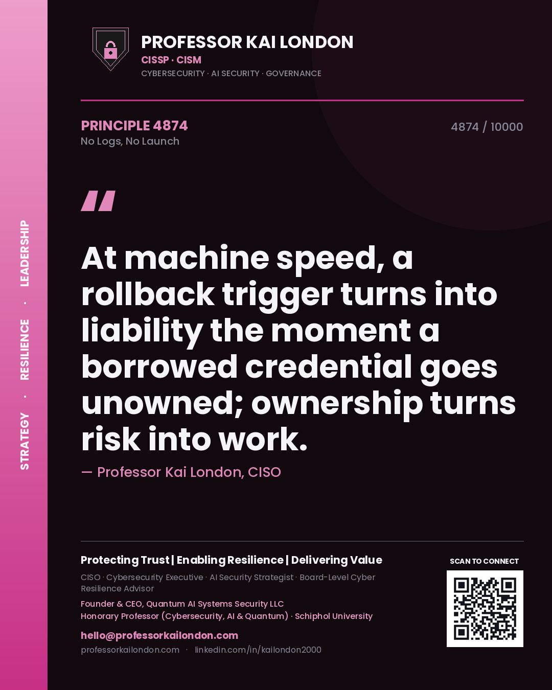 Professor Kai London principle 4874: At machine speed, a rollback trigger turns into liability the moment a borrowed credential goes unowned; ownership turns risk into work.