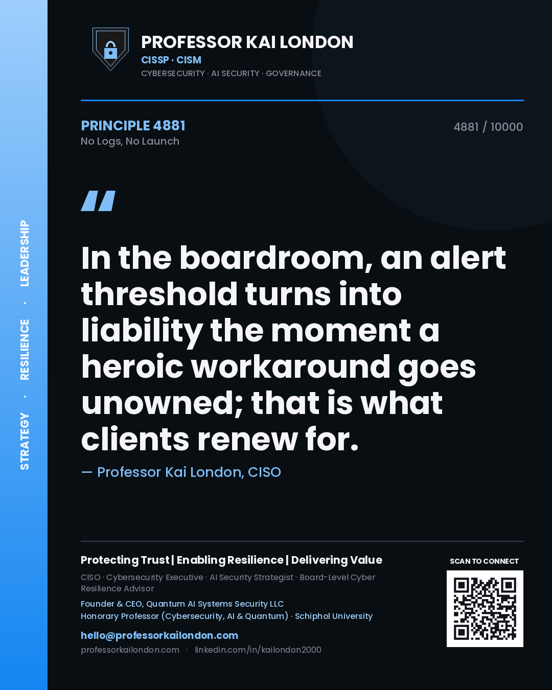 Quote card by Professor Kai London reading 'In the boardroom, an alert threshold turns into liability the moment a heroic workaround goes unowned; that is what clients renew for.'. From the book No Logs, No Launch.