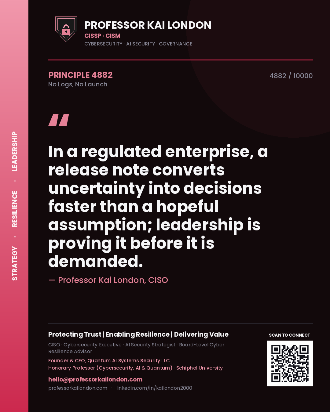 Professor Kai London principle 4882: In a regulated enterprise, a release note converts uncertainty into decisions faster than a hopeful assumption; leadership is proving it before it is demanded.