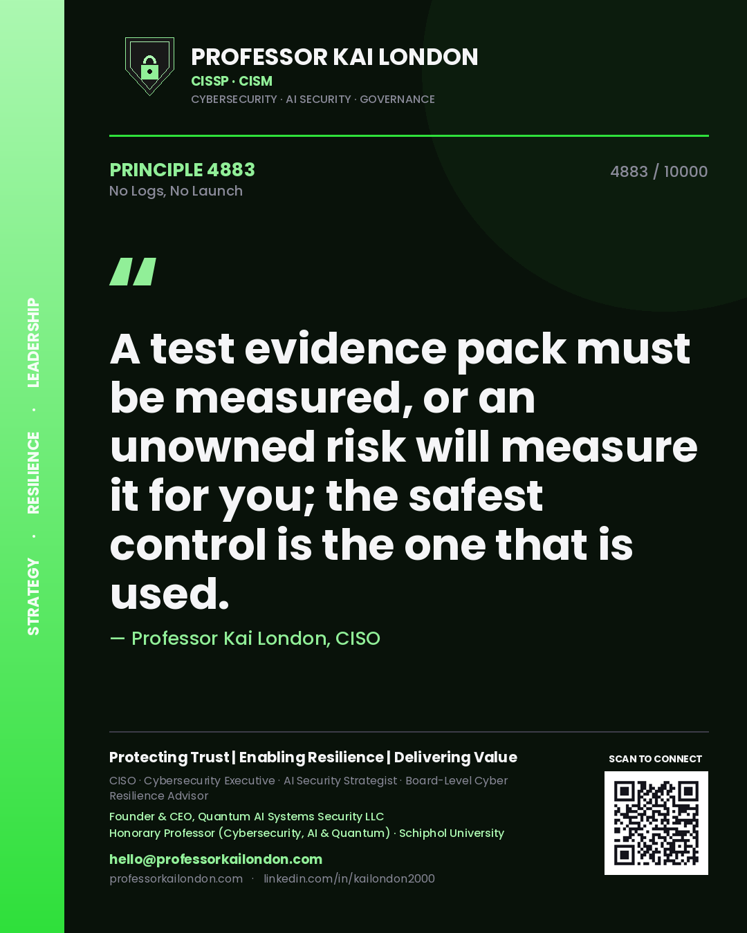 Quote card by Professor Kai London reading 'A test evidence pack must be measured, or an unowned risk will measure it for you; the safest control is the one that is used.'. From the book No Logs, No Launch.
