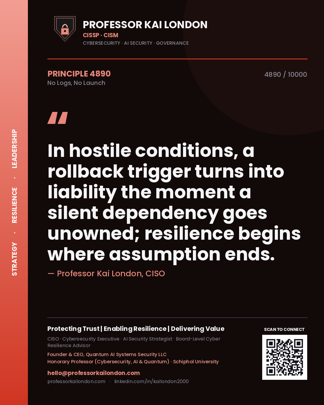 Quote card by Professor Kai London reading 'In hostile conditions, a rollback trigger turns into liability the moment a silent dependency goes unowned; resilience begins where assumption ends.'. From the book No Logs, No Launch.