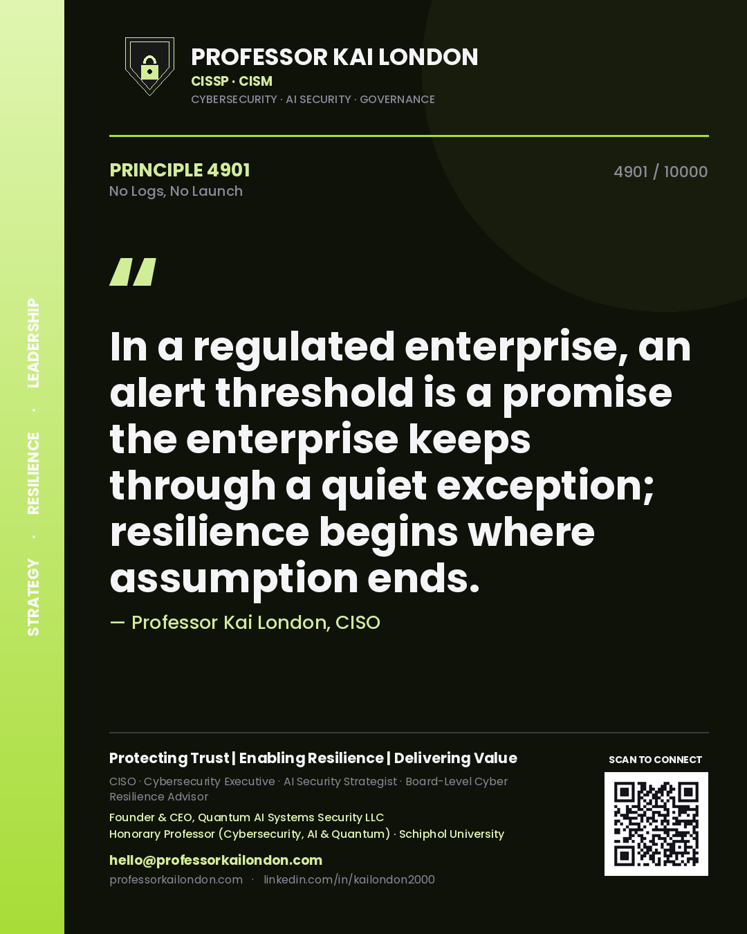 Professor Kai London principle 4901: In a regulated enterprise, an alert threshold is a promise the enterprise keeps through a quiet exception; resilience begins where assumption ends.