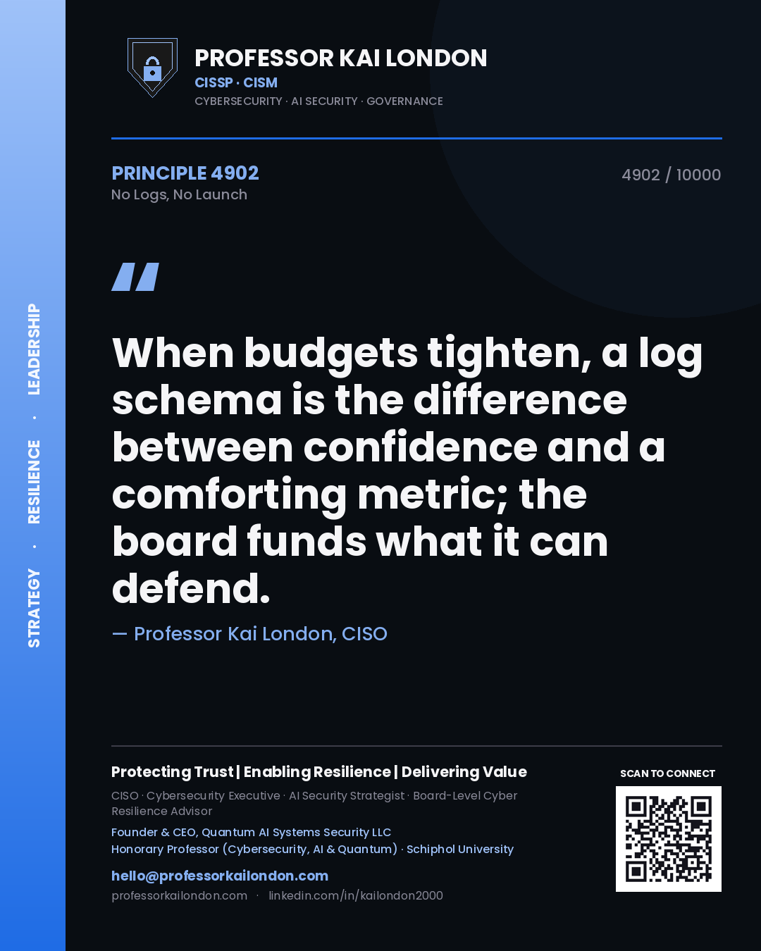 Professor Kai London principle 4902: When budgets tighten, a log schema is the difference between confidence and a comforting metric; the board funds what it can defend.