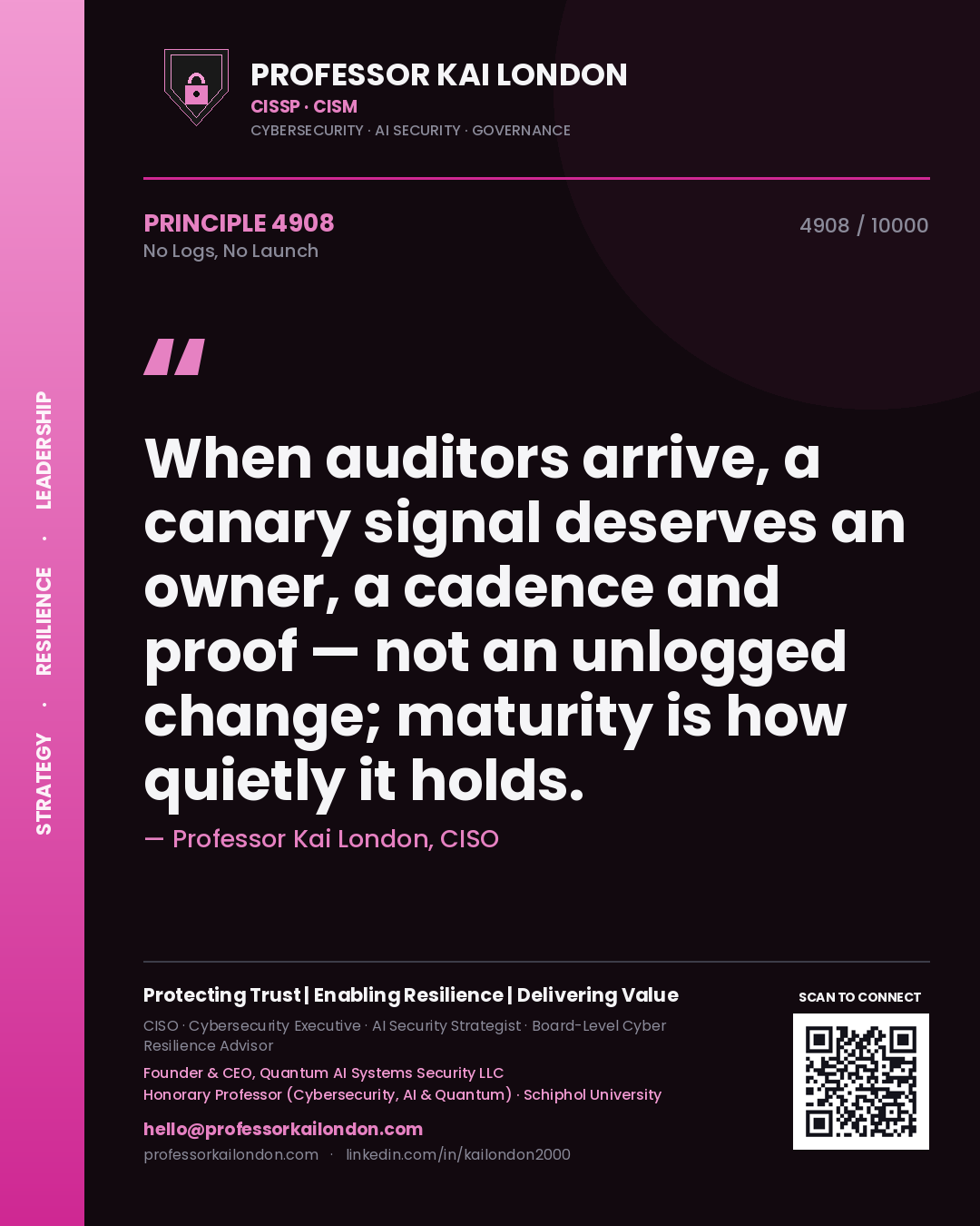 Professor Kai London principle 4908: When auditors arrive, a canary signal deserves an owner, a cadence and proof — not an unlogged change; maturity is how quietly it holds.